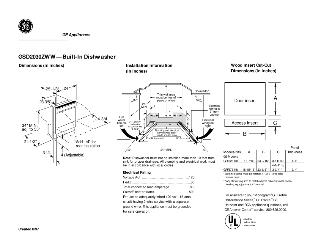 GE GSD2030ZWW dimensions Dimensions in inches, Electrical Rating, Created 8/97 