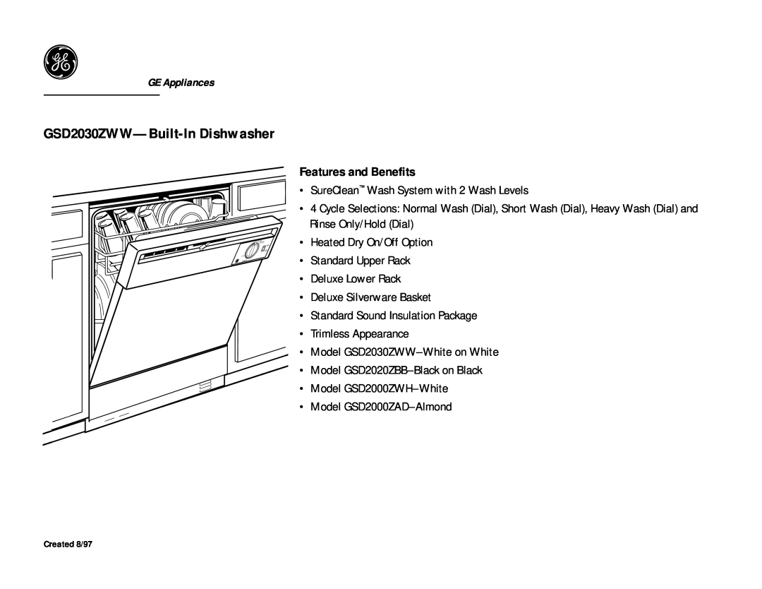 GE dimensions GSD2030ZWW-Built-In Dishwasher, Features and Benefits 