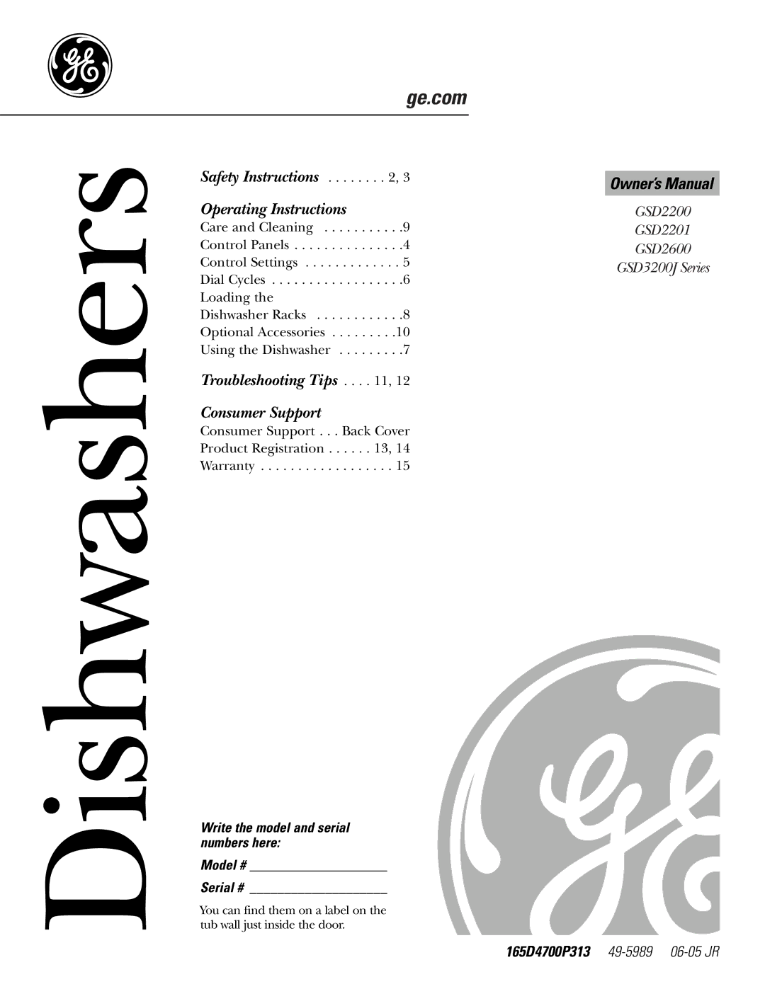 GE GSD2200, GSD2201, GSD2600, GSD3200J Series owner manual Dishwashers 