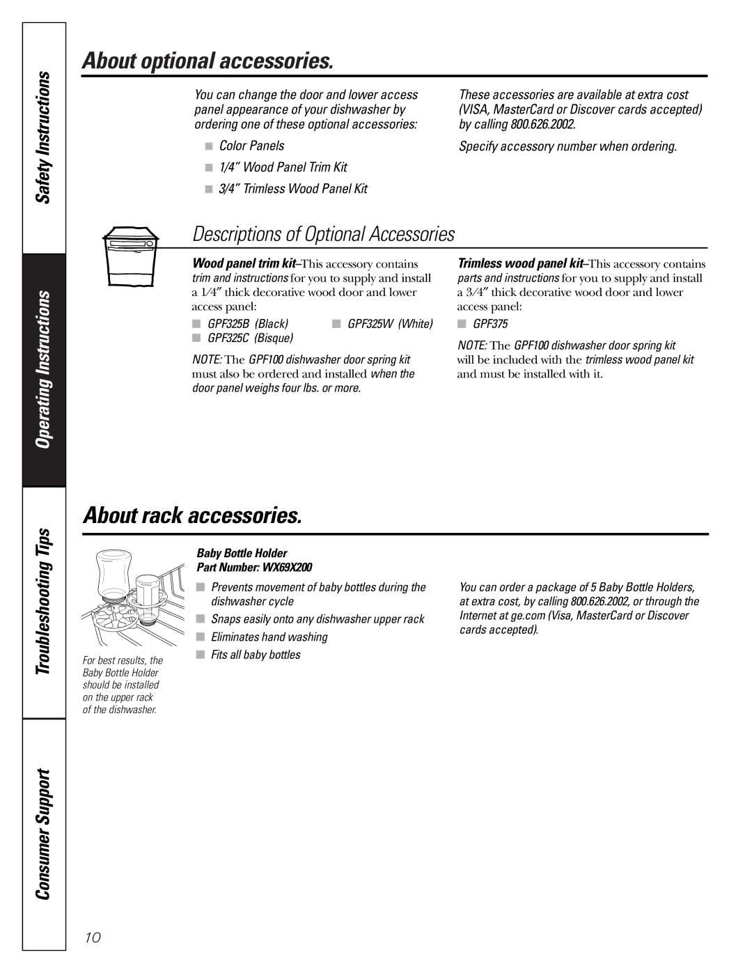 GE GSD2200, GSD2201, GSD2600, GSD3200J Series owner manual About optional accessories, About rack accessories 