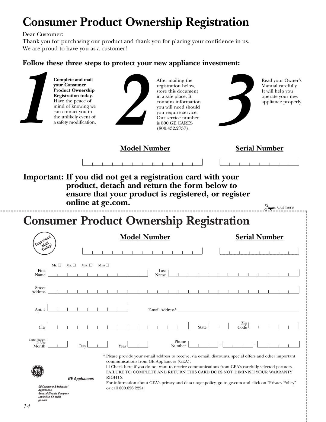 GE GSD2200, GSD2201, GSD2600, GSD3200J Series owner manual Consumer Product Ownership Registration 