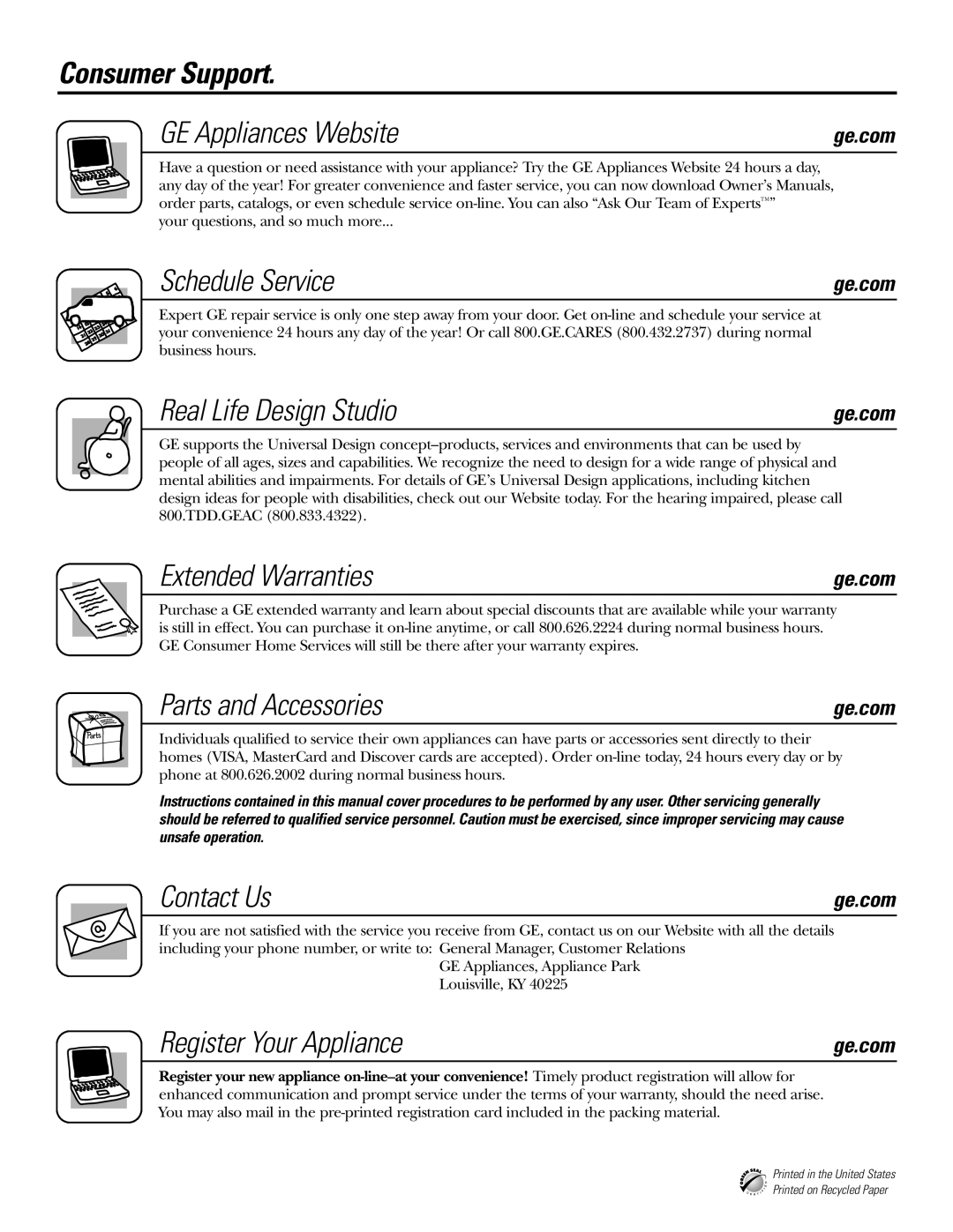 GE GSD2200, GSD2201, GSD2600, GSD3200J Series Consumer Support GE Appliances Website, Schedule Service, Contact Us 