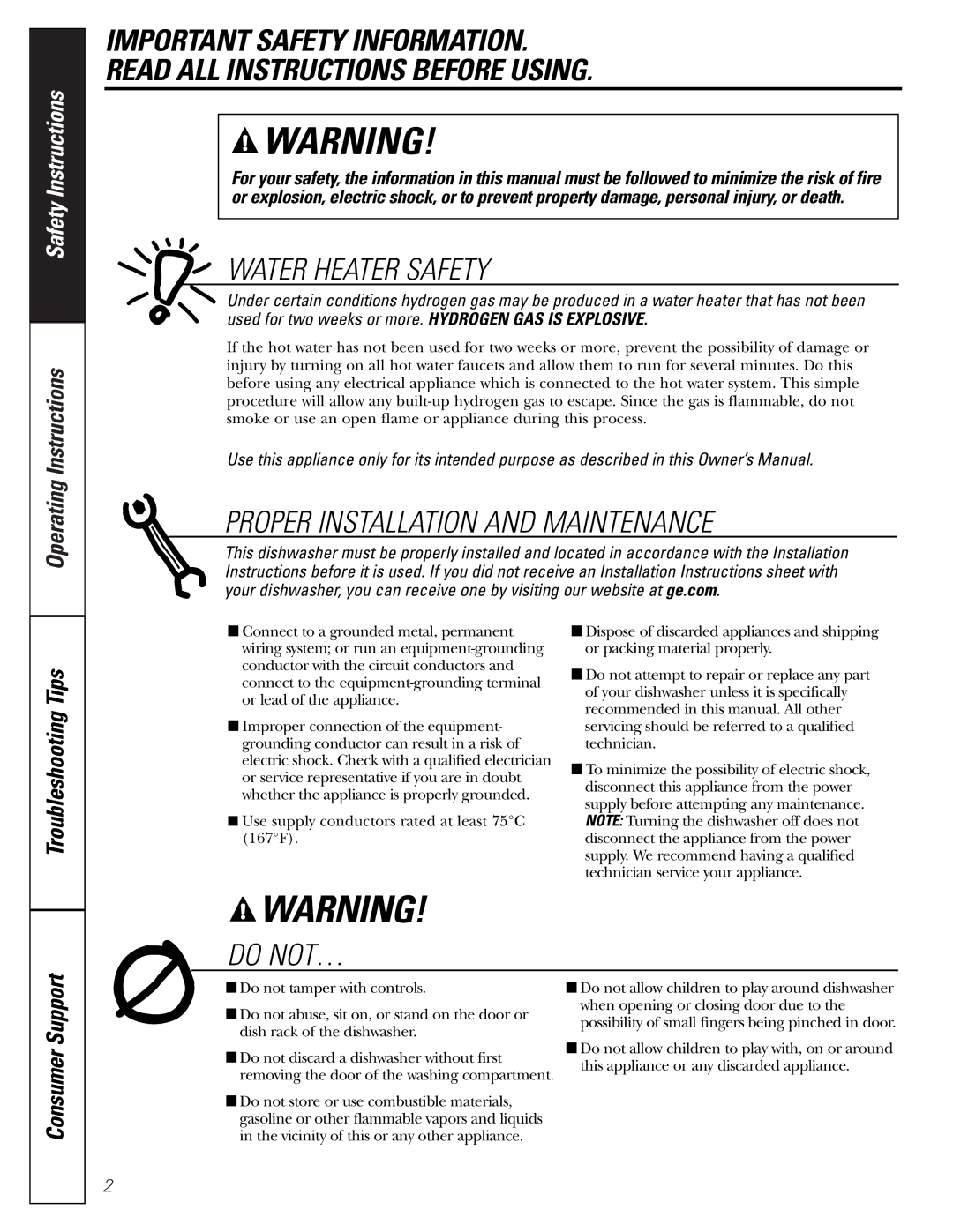 GE GSD2200, GSD2201, GSD2600, GSD3200J Series owner manual Water Heater Safety, Consumer Support 