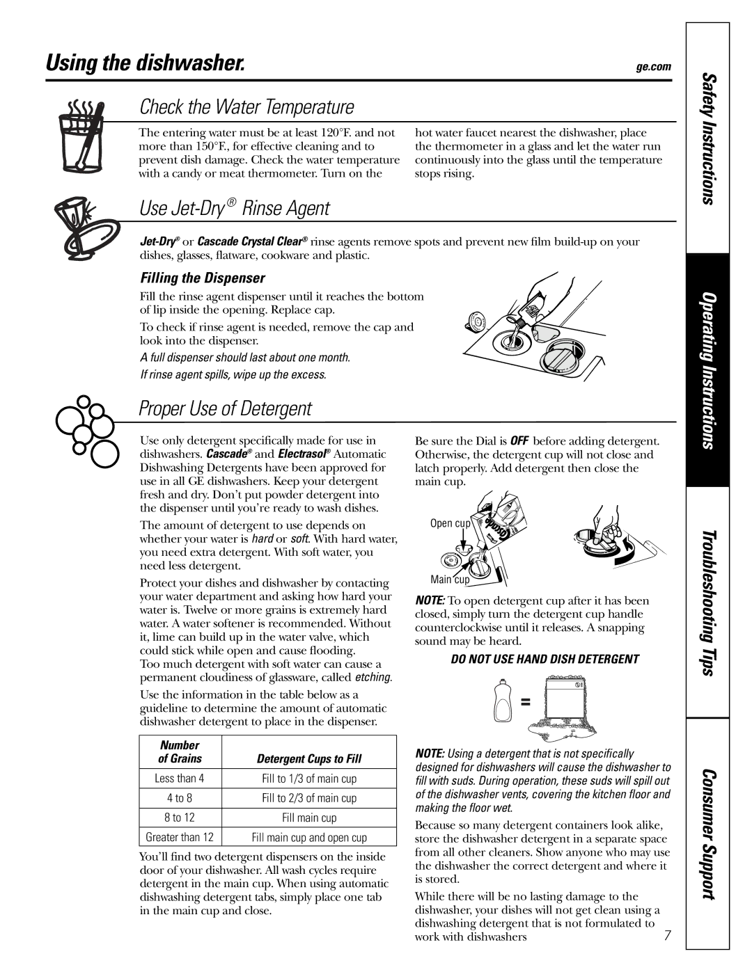 GE GSD2200, GSD2201, GSD2600, GSD3200J Series Using the dishwasher, Use Jet-Dry Rinse Agent, Proper Use of Detergent 