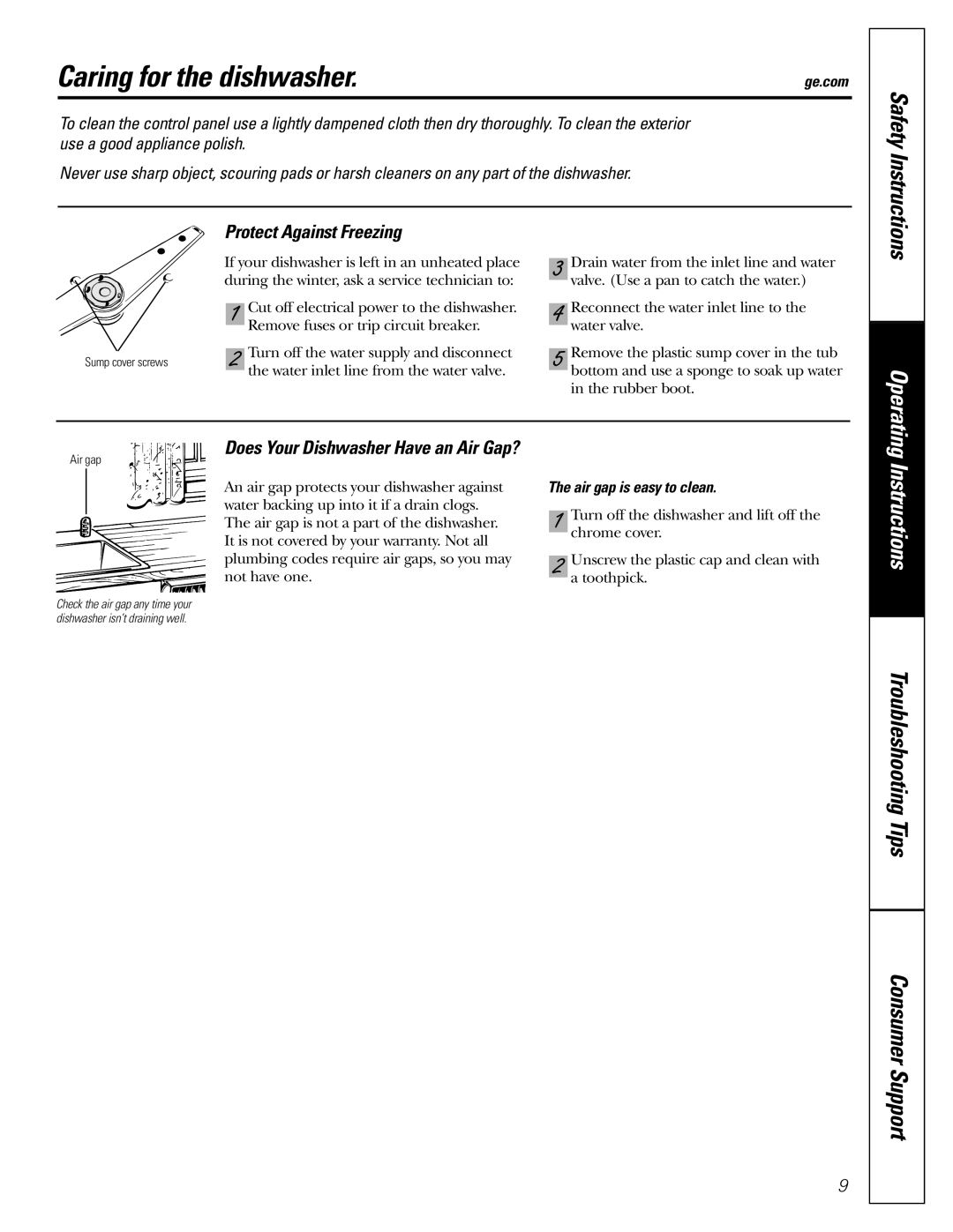 GE GSD2200, GSD2201, GSD2600, GSD3200J Series owner manual Caring for the dishwasher, Protect Against Freezing 