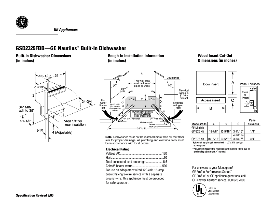 GE GSD2335FWW dimensions GSD2325FBB-GENautilus Built-InDishwasher, GE Appliances, Built-InDishwasher Dimensions, in inches 
