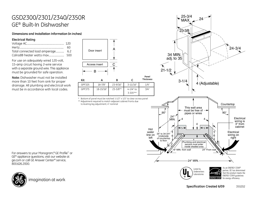 GE GSD2340, GSD2400NBB, GSD2400NWW, GSD2400NCC, GSD2201NWW, GSD2300NCC dimensions 25-3/4, Max, 24-3/4 34 MIN. adj. to 21-1/2 