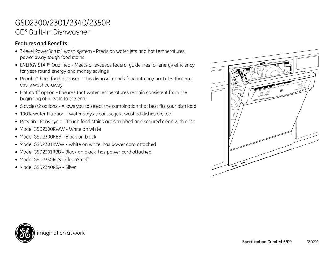 GE GSD2400NWW, GSD2400NBB, GSD2340, GSD2400NCC, GSD2201NWW, GSD2300NCC, GSD2300NWW, GSD2300NBB dimensions Features and Benefits 