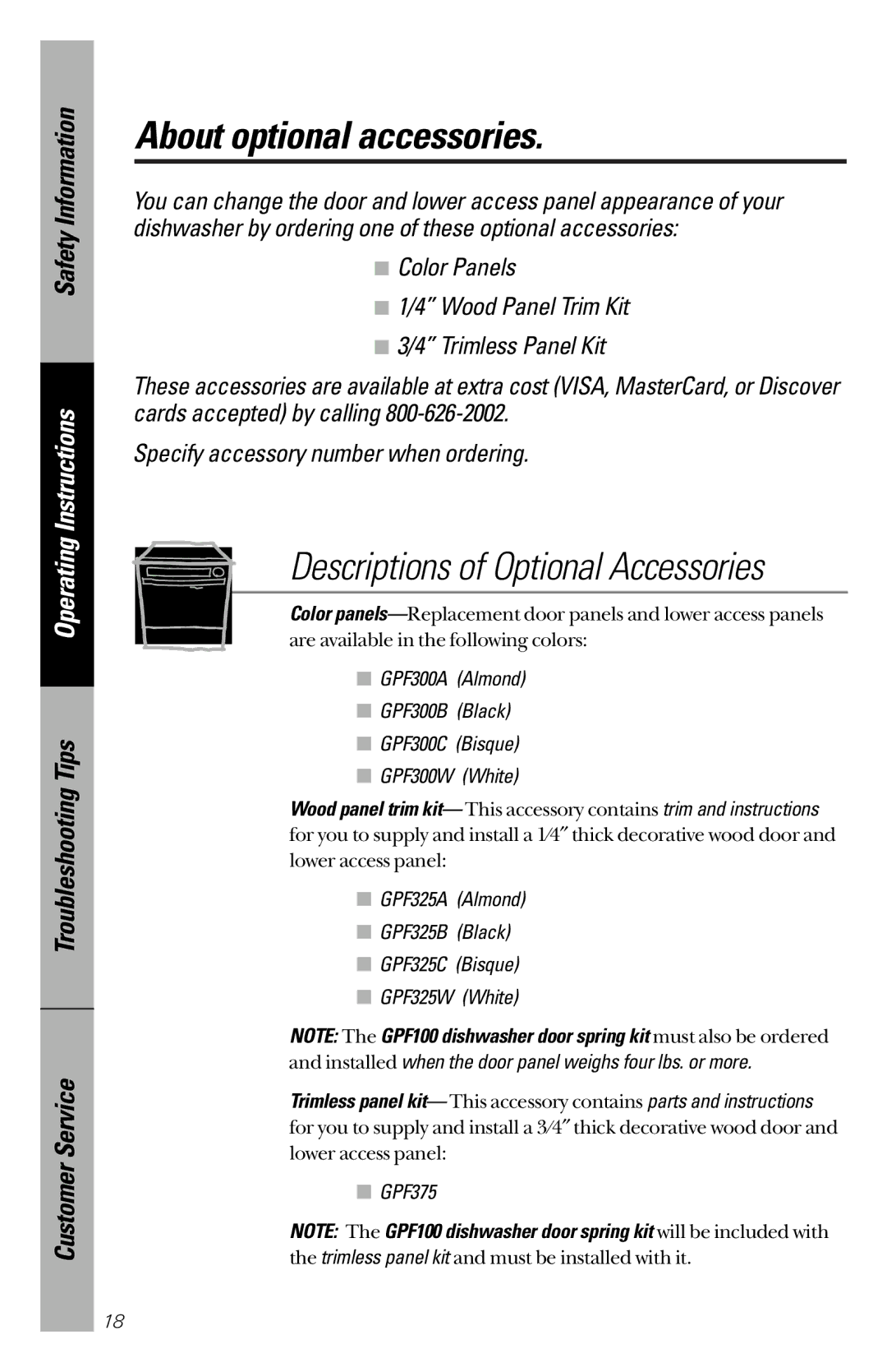 GE GSD2600, GSD2300 owner manual About optional accessories, Color Panels Wood Panel Trim Kit Trimless Panel Kit 