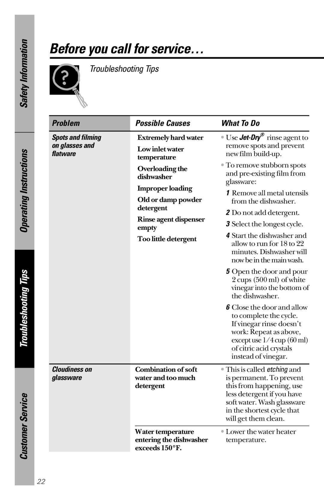 GE GSD2600, GSD2300 owner manual Spots and filming, On glasses, Flatware, Cloudiness on, Glassware 