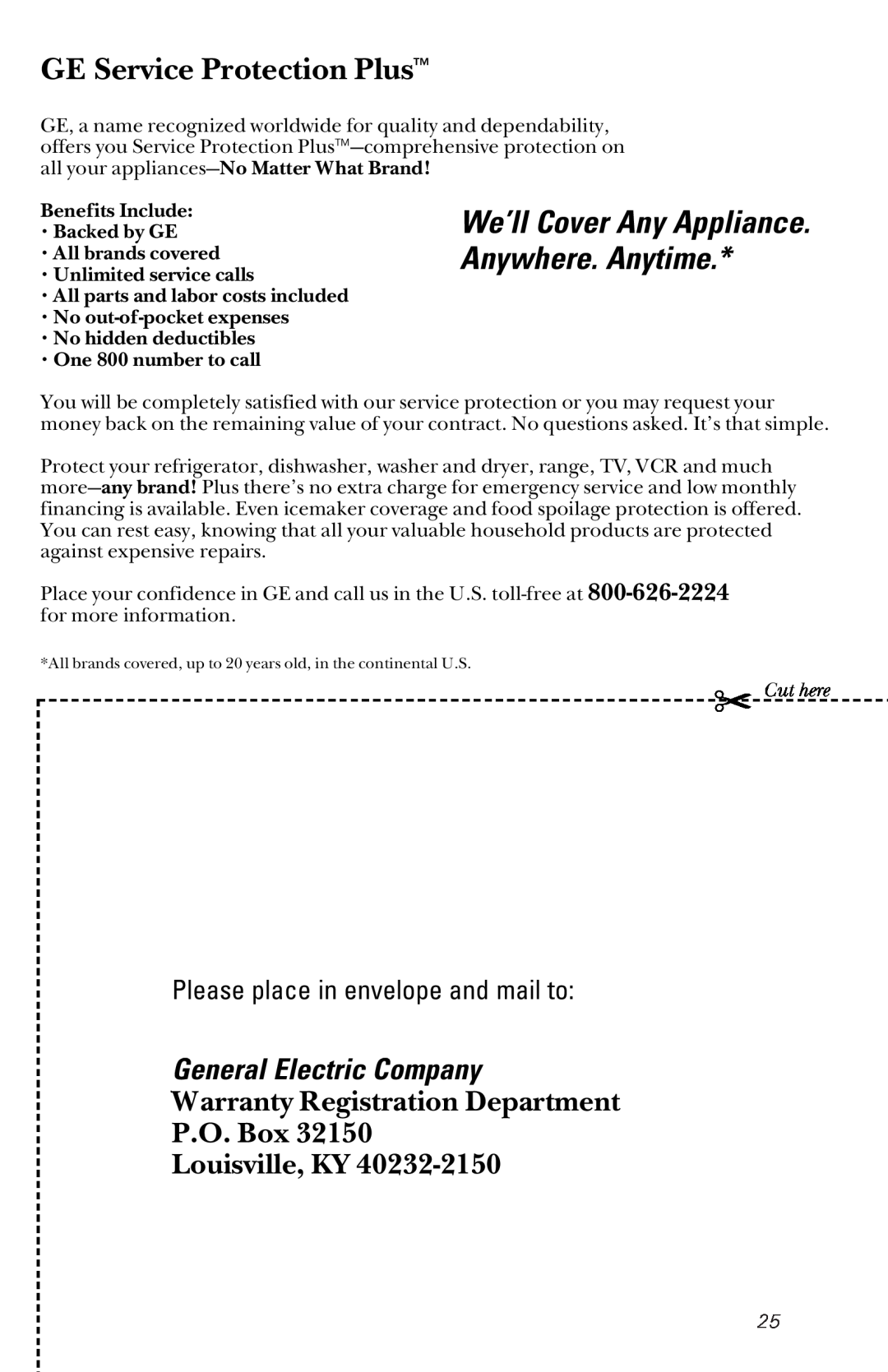 GE GSD2300 Cut here, GE Service Protection Plus, We’ll Cover Any Appliance. Anywhere. Anytime, General Electric Company 