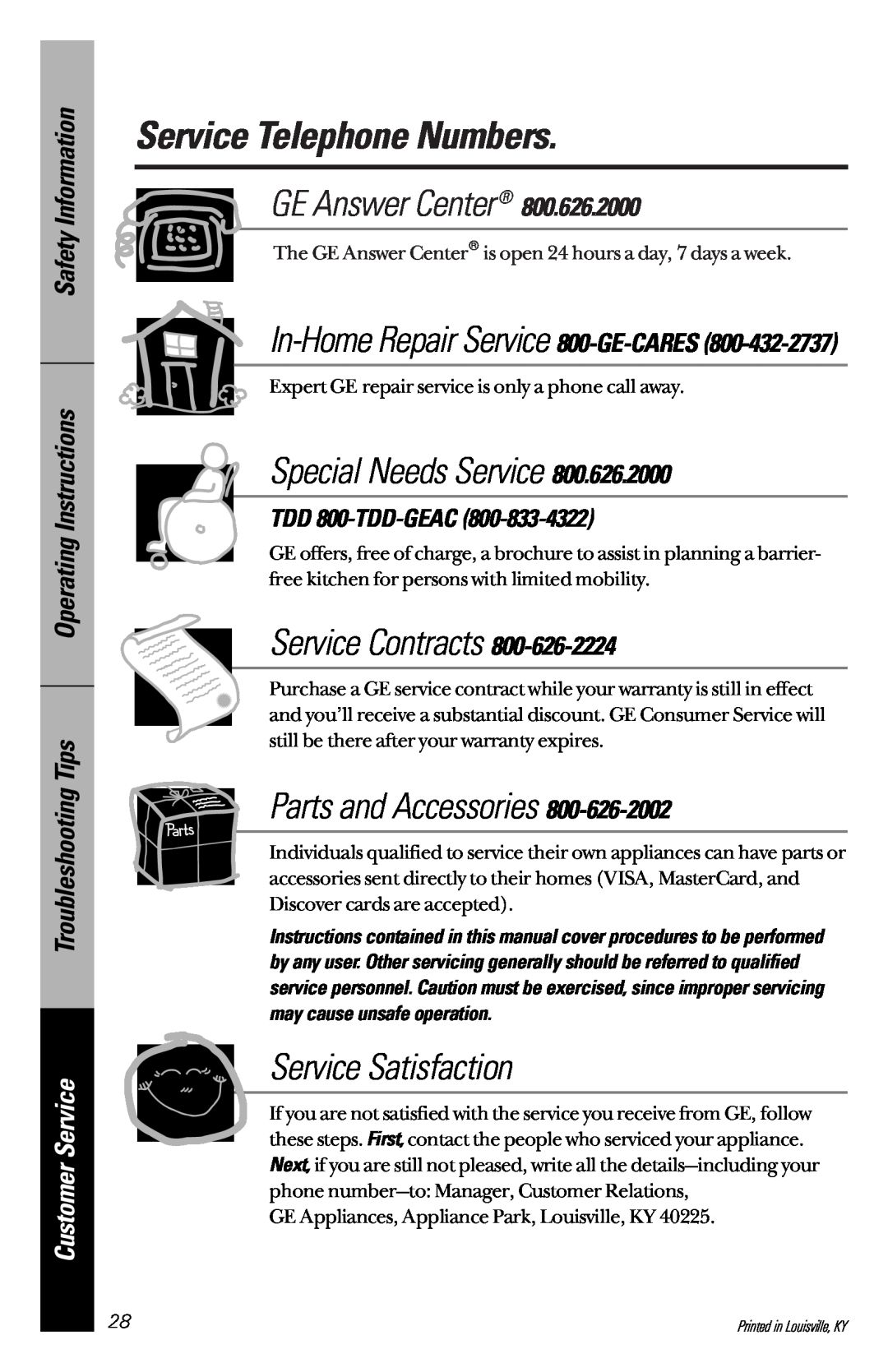 GE GSD2600, GSD2300 Service Telephone Numbers, Customer Service, TDD 800-TDD-GEAC, GE Answer Center, Special Needs Service 