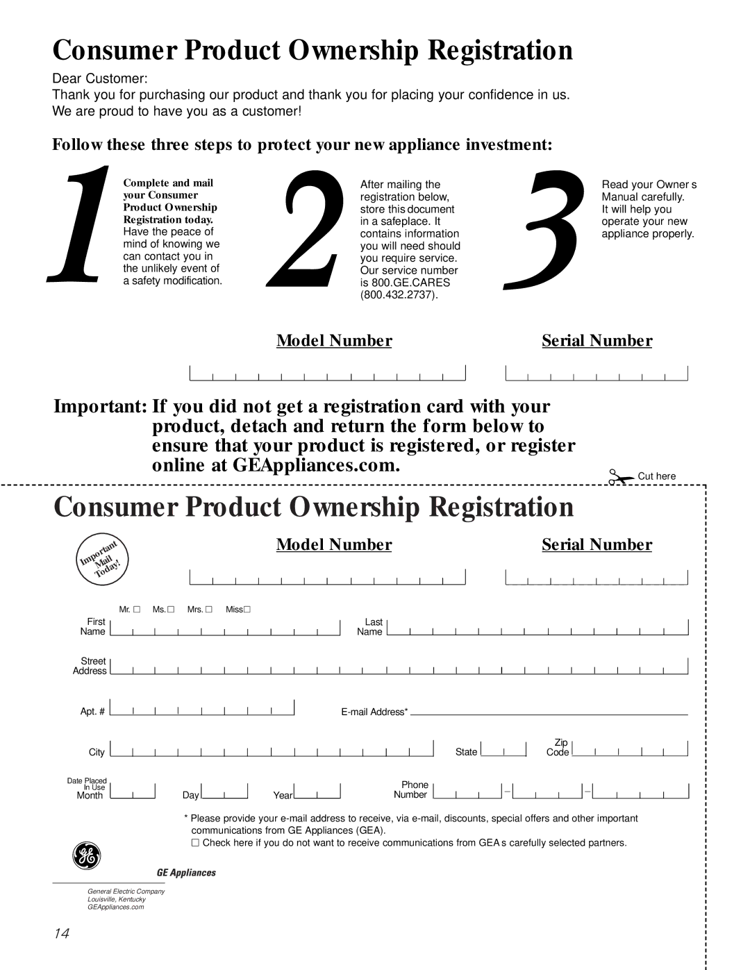 GE GSD2200, GSD2600, GSD2700, GSD2201 owner manual Consumer Product Ownership Registration 