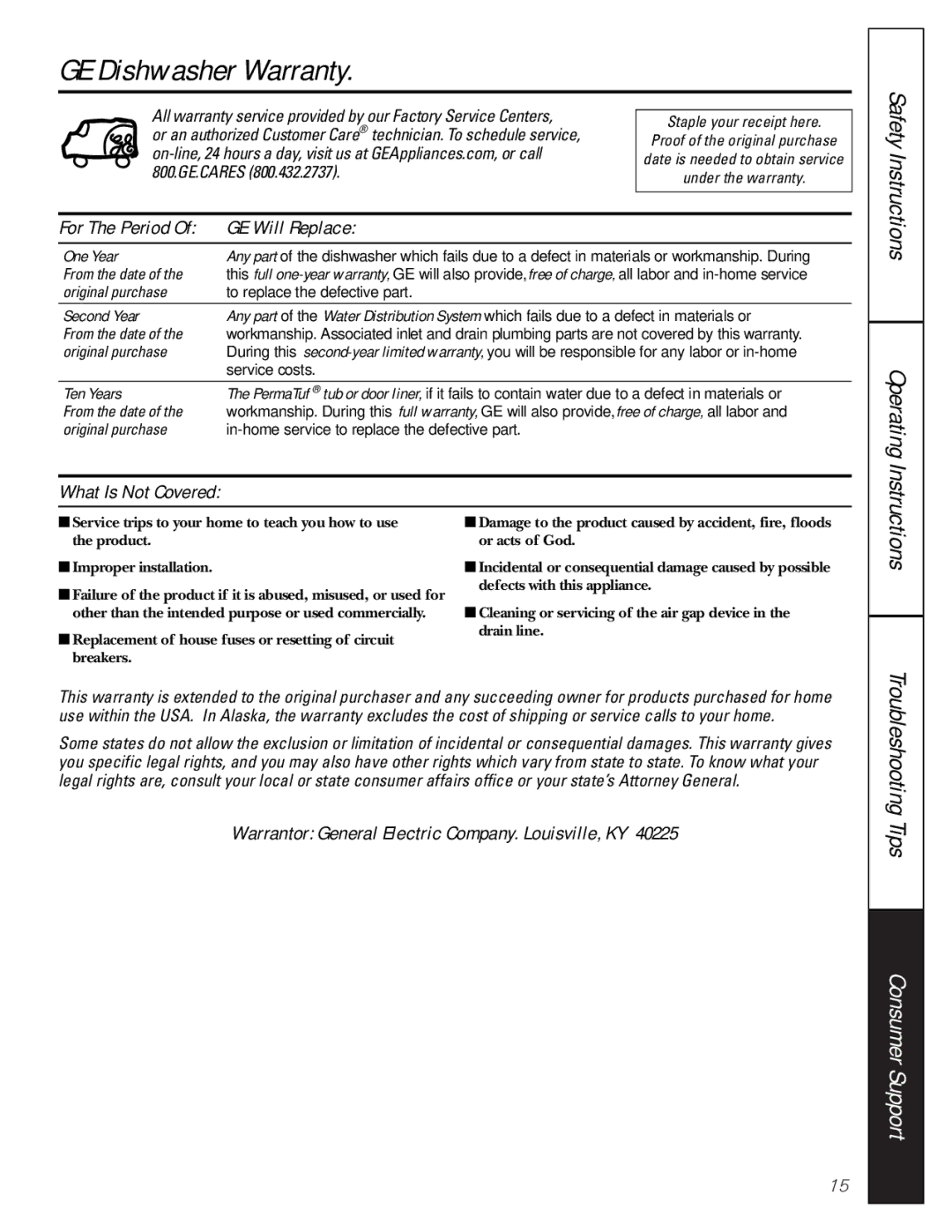 GE GSD2201, GSD2600, GSD2700, GSD2200 owner manual GE Dishwasher Warranty, For The Period GE Will Replace, What Is Not Covered 