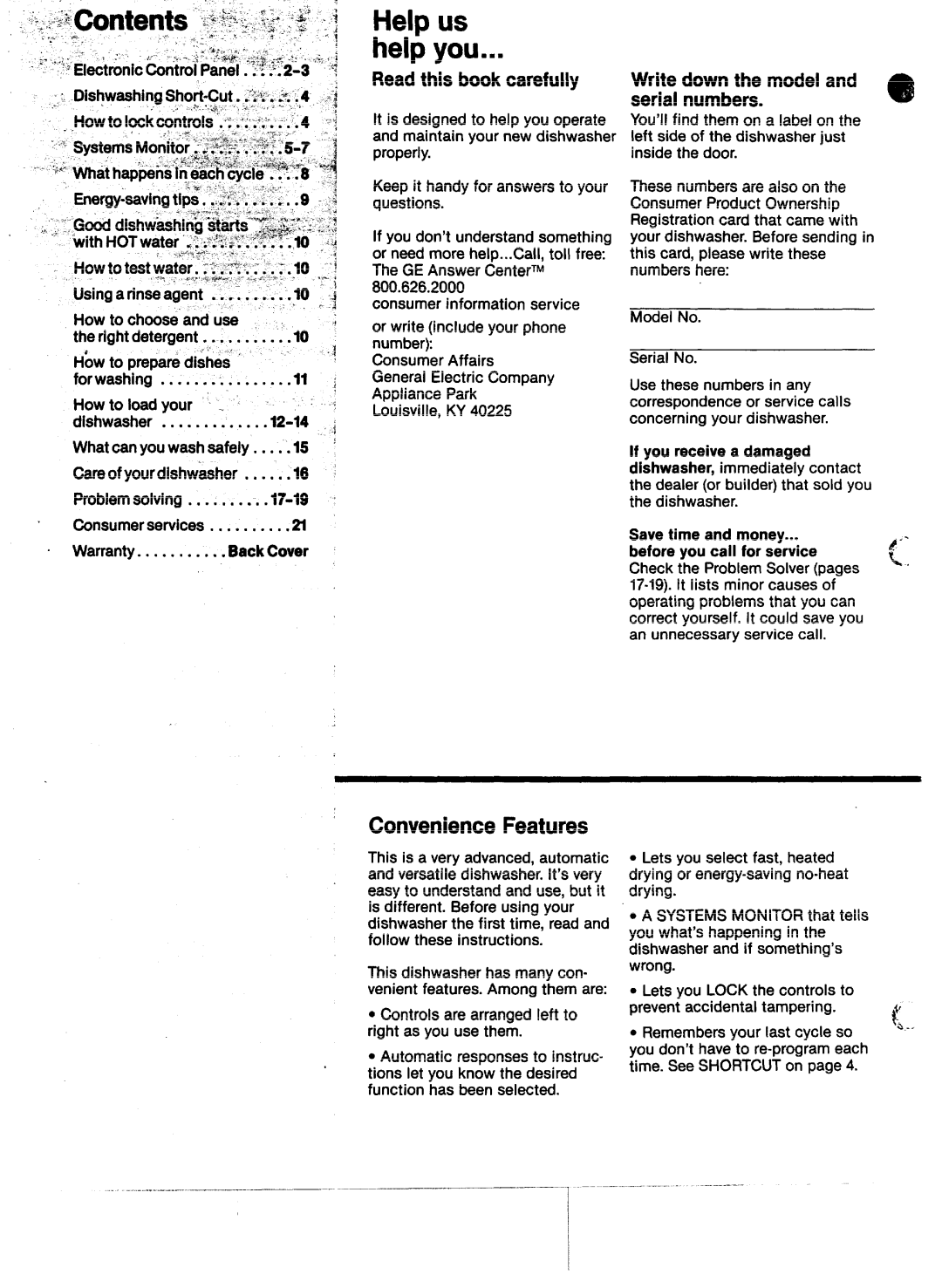 GE GSD2600D manual Help us, Read this book carefully, Write down the model and serial numbers 