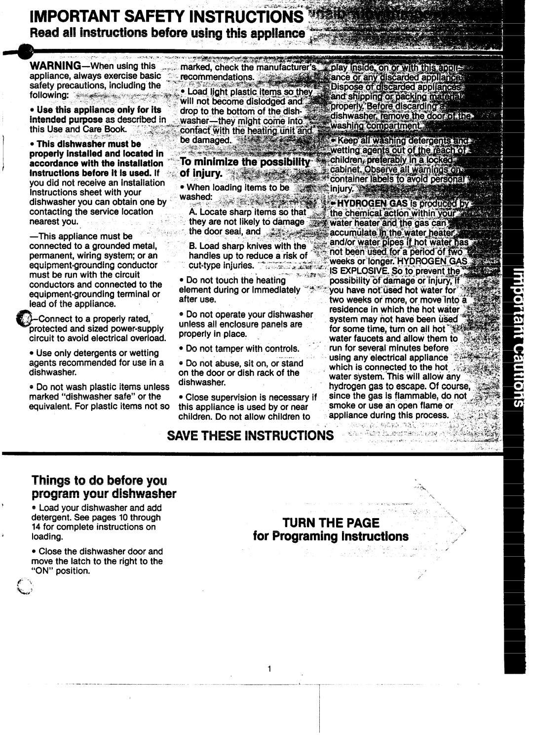GE GSD2600D IMPORTANT SAFETY iNSTRUCTIOB& @%=, ‘2.’.”, Things to do before you program your dishwasher, Turn The Page “ 