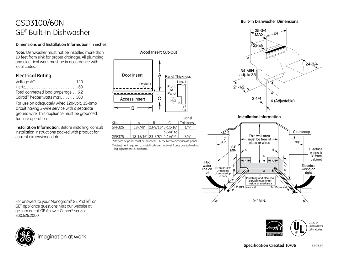 GE GSD3160NSS, GSD3100NCC dimensions Wood Insert Cut-Out, Built-In Dishwasher Dimensions, Installation Information 