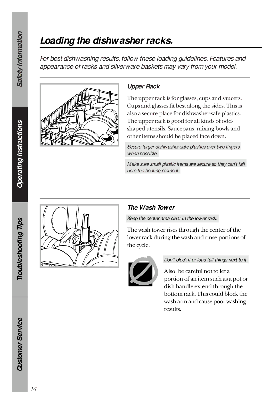 GE GSD1920, GSD3130, GSD2130, GSD2120, GSD2110 owner manual Loading the dishwasher racks, Upper Rack, Wash Tower 