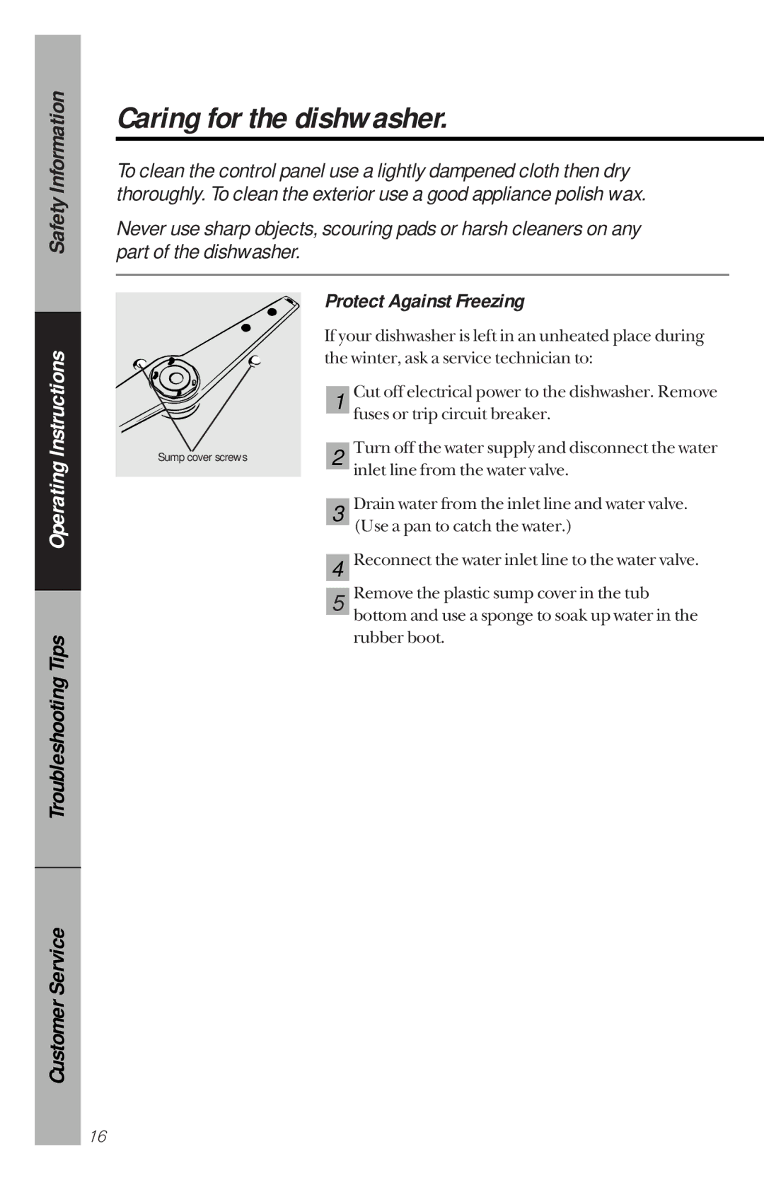 GE GSD2130, GSD3130, GSD2120, GSD2110, GSD1920 owner manual Caring for the dishwasher, Protect Against Freezing 