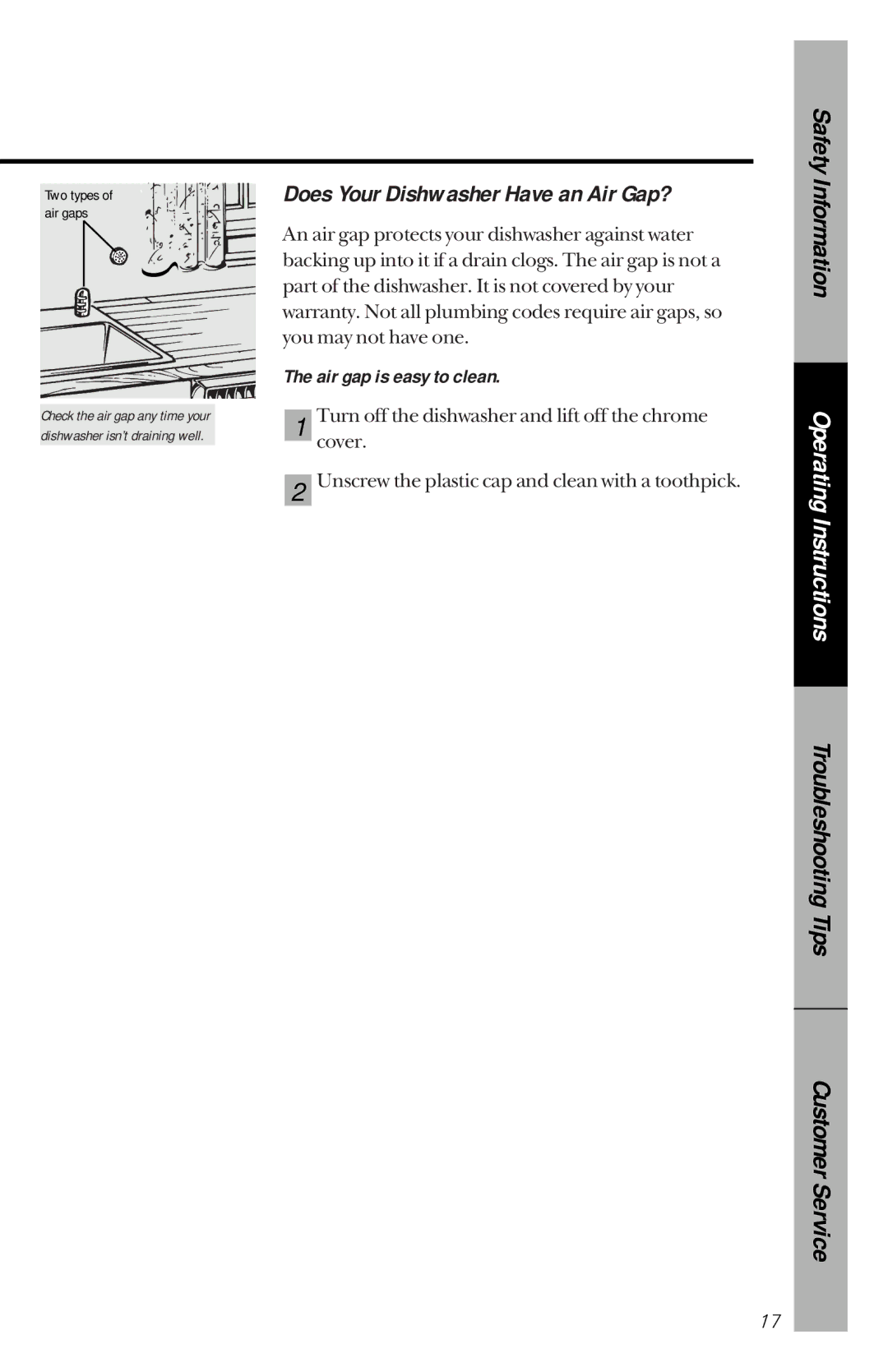 GE GSD2120, GSD3130, GSD2130, GSD2110, GSD1920 owner manual Does Your Dishwasher Have an Air Gap?, Air gap is easy to clean 