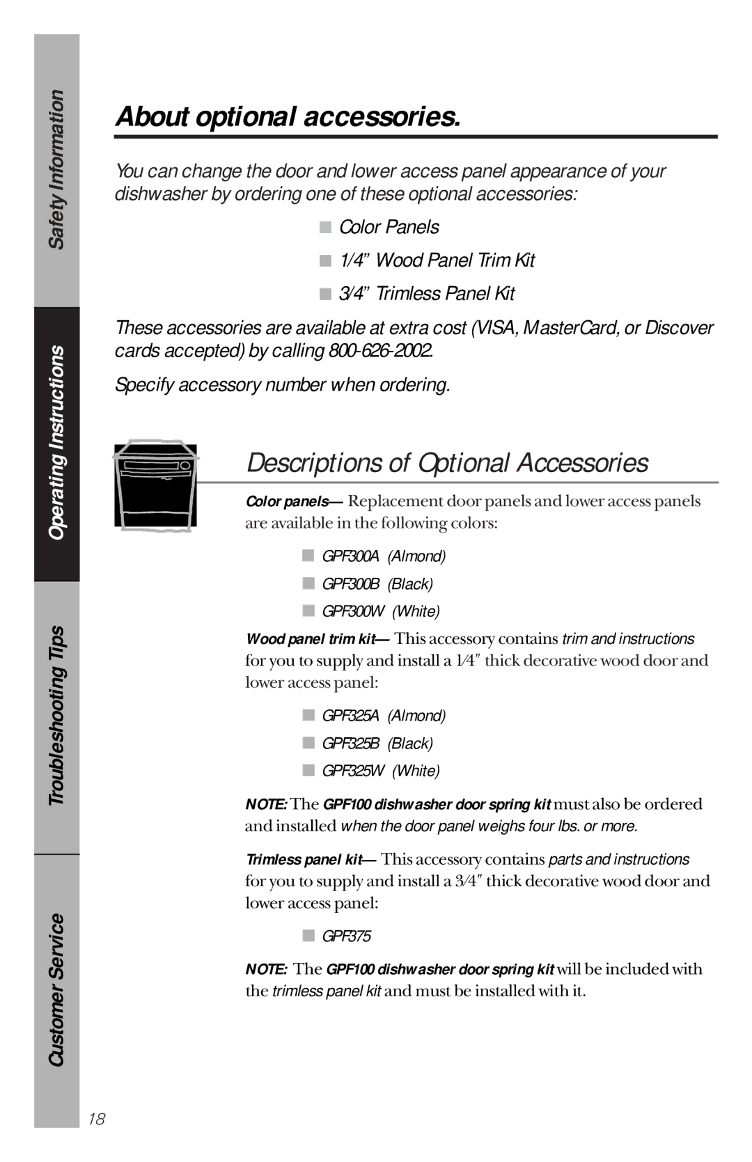 GE GSD2110, GSD3130, GSD2130, GSD2120 About optional accessories, Color Panels Wood Panel Trim Kit Trimless Panel Kit 