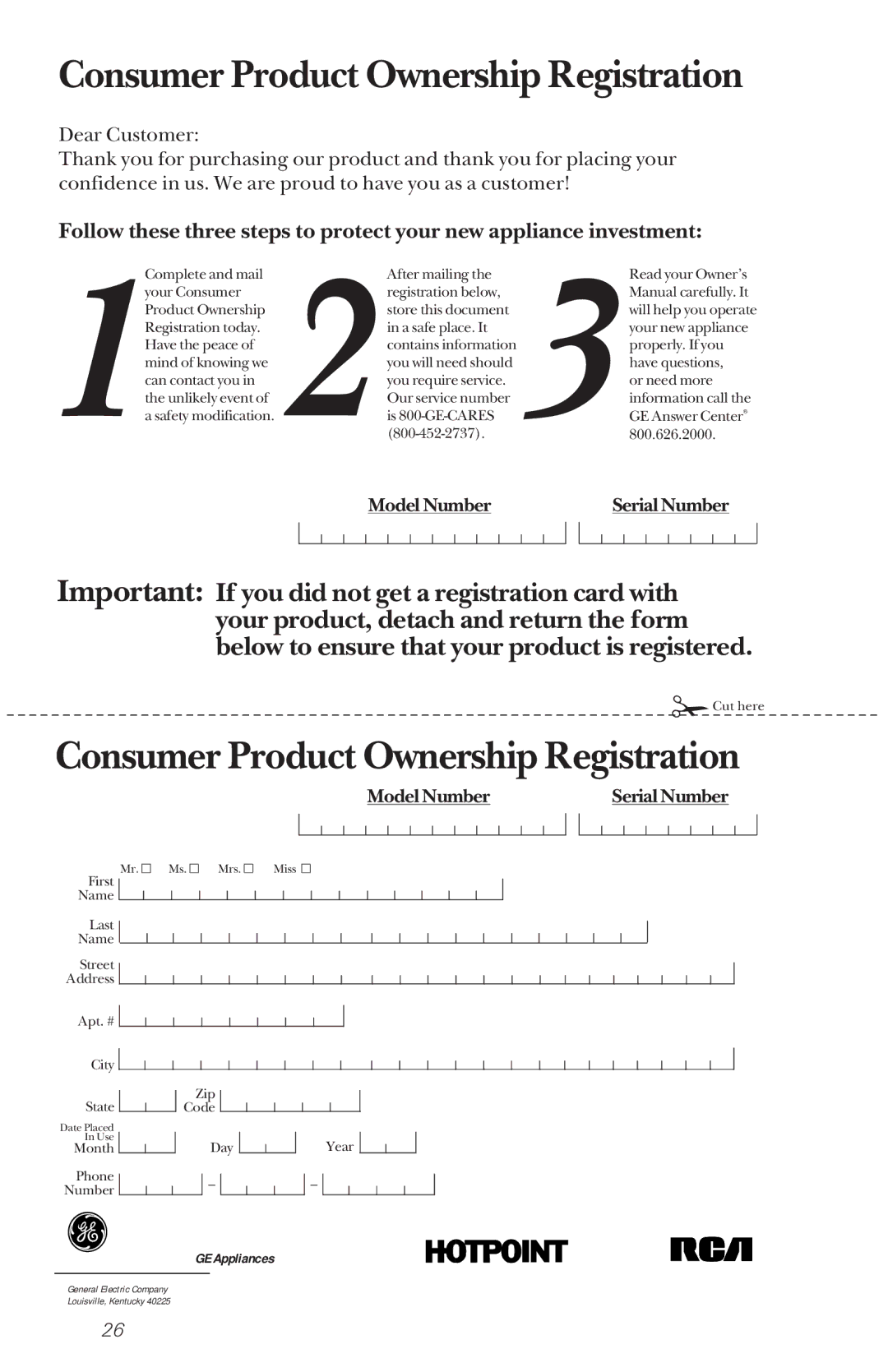 GE GSD2130, GSD3130, GSD2120, GSD2110, GSD1920 owner manual Consumer Product Ownership Registration 