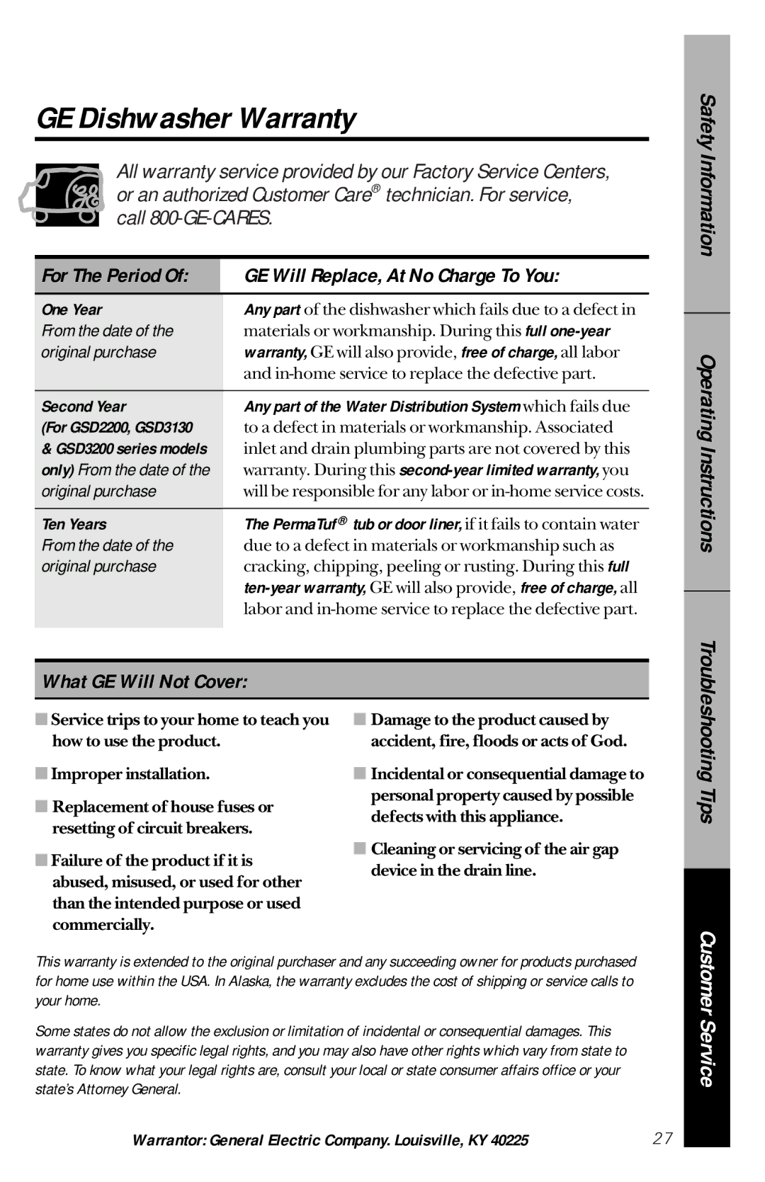 GE GSD2120, GSD3130, GSD2130, GSD2110 GE Dishwasher Warranty, GE Will Replace, At No Charge To You, What GE Will Not Cover 
