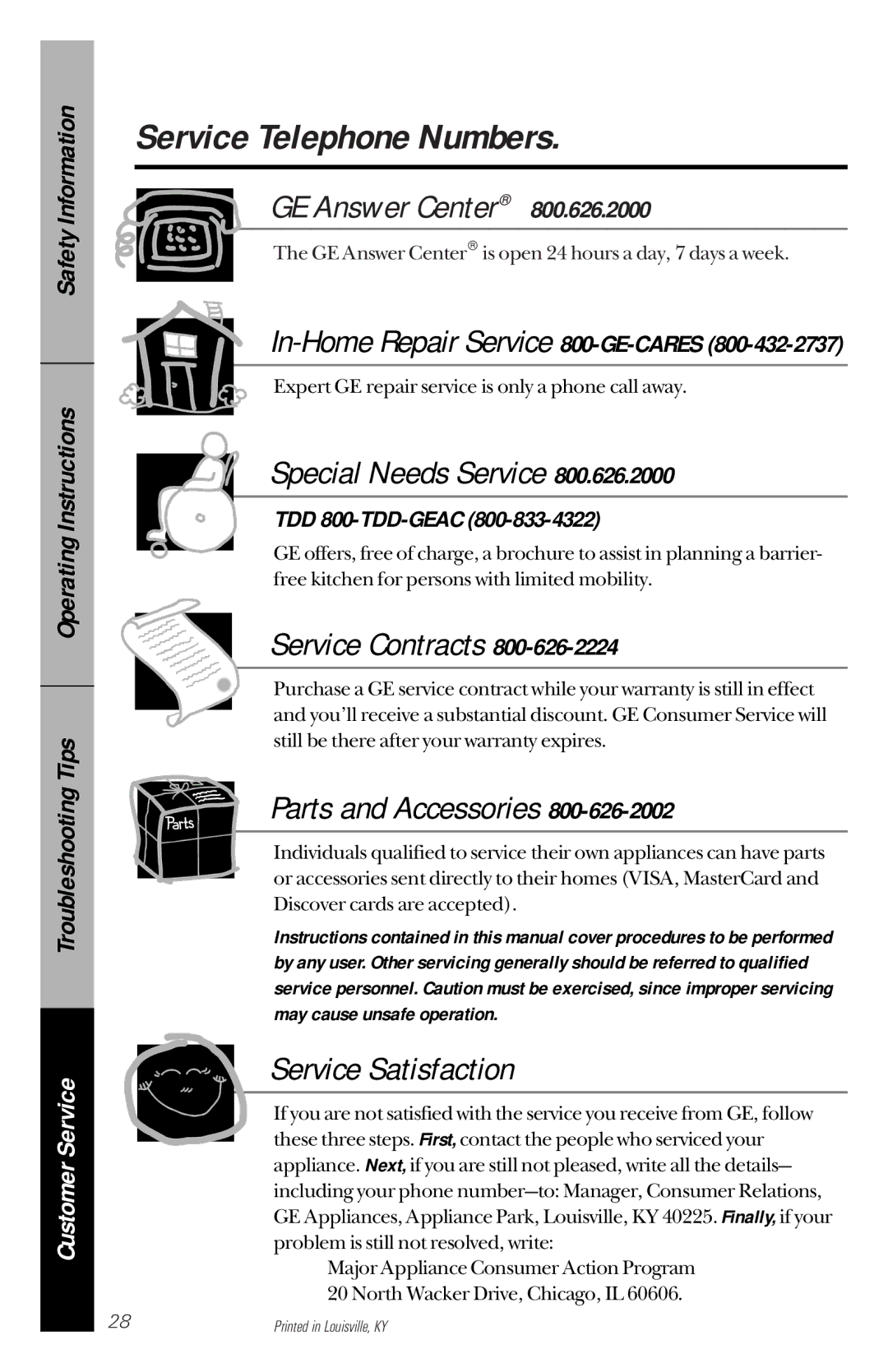 GE GSD2110, GSD3130, GSD2130, GSD2120 Service Telephone Numbers, In-Home Repair Service 800-GE-CARES, TDD 800-TDD-GEAC 