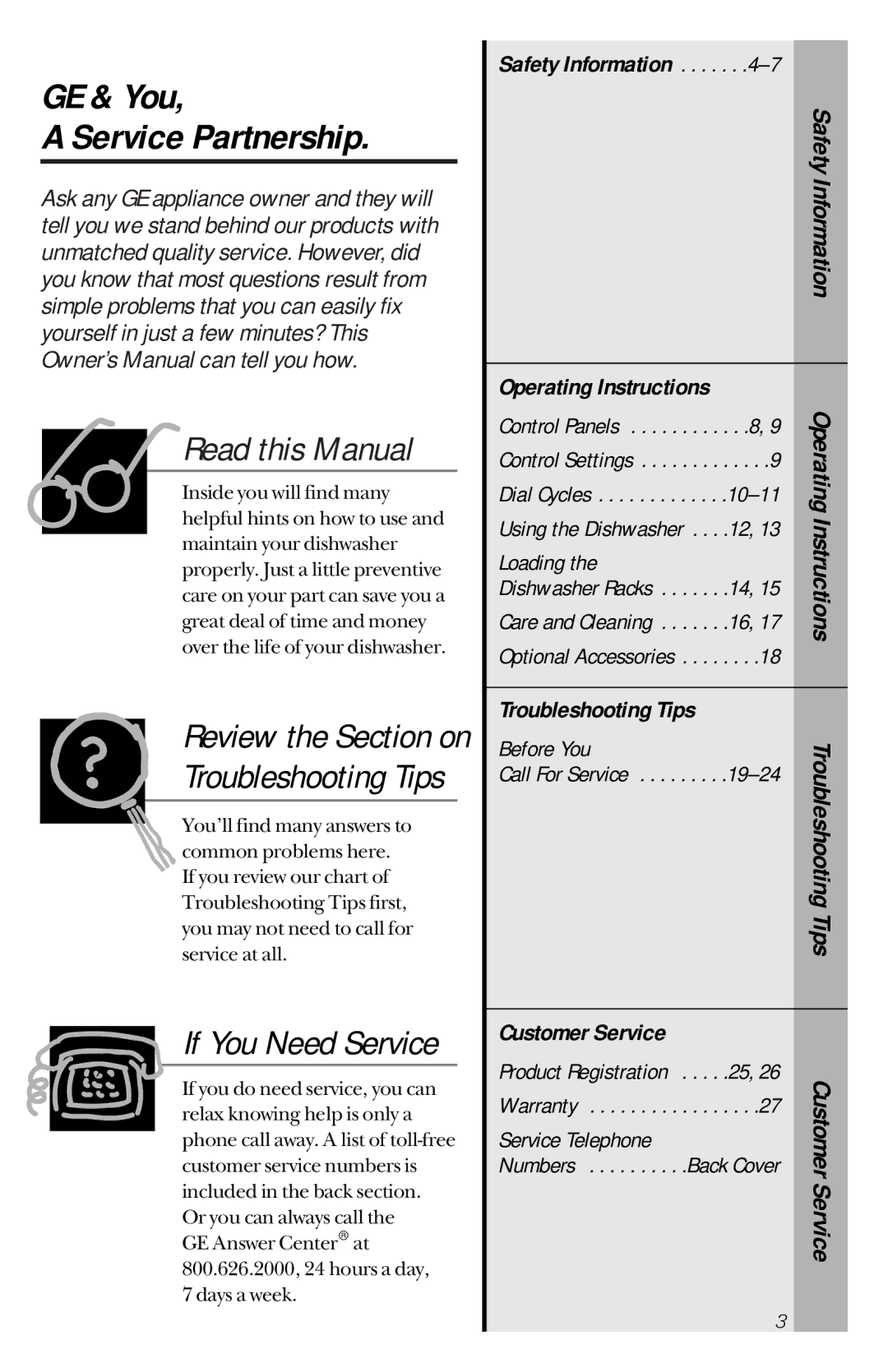 GE GSD2110 GE & You Service Partnership, Safety Information Operating Instructions, Troubleshooting Tips, Customer Service 