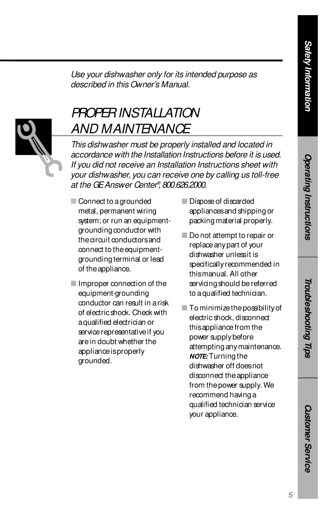 GE GSD3130, GSD2130, GSD2120, GSD2110, GSD1920 owner manual Proper Installation Maintenance 