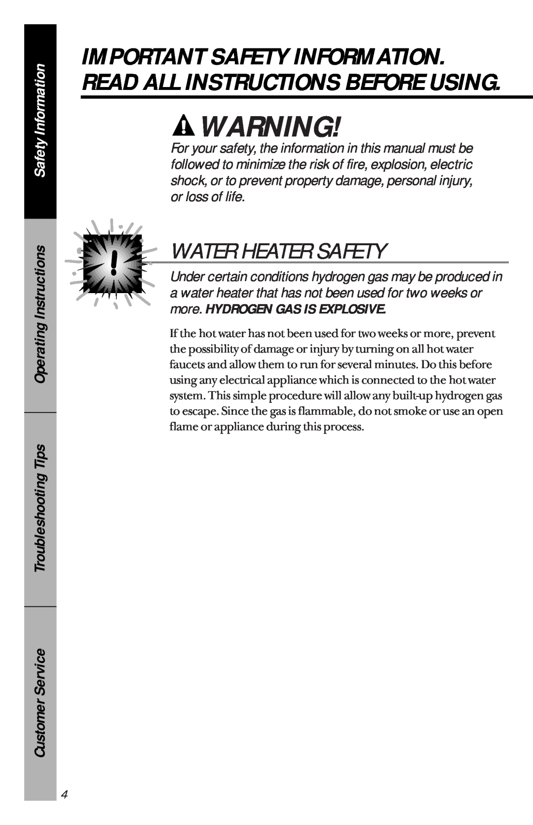GE GSD1920, GSD3130 Water Heater Safety, Safety Information, Operating Instructions Troubleshooting Tips, Customer Service 