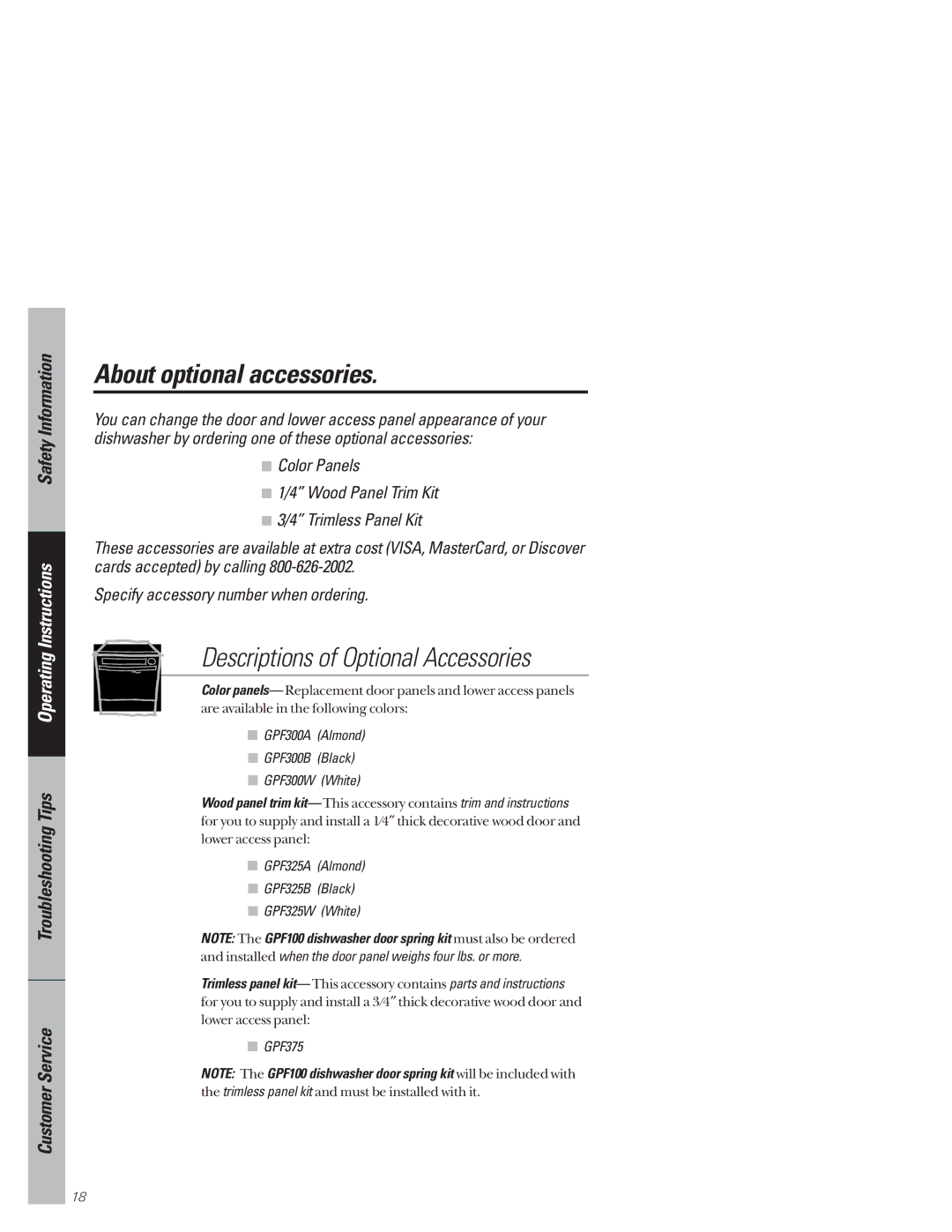 GE GSD2120, GSD3220, GSD2230, GSD3210 About optional accessories, Color Panels Wood Panel Trim Kit Trimless Panel Kit 