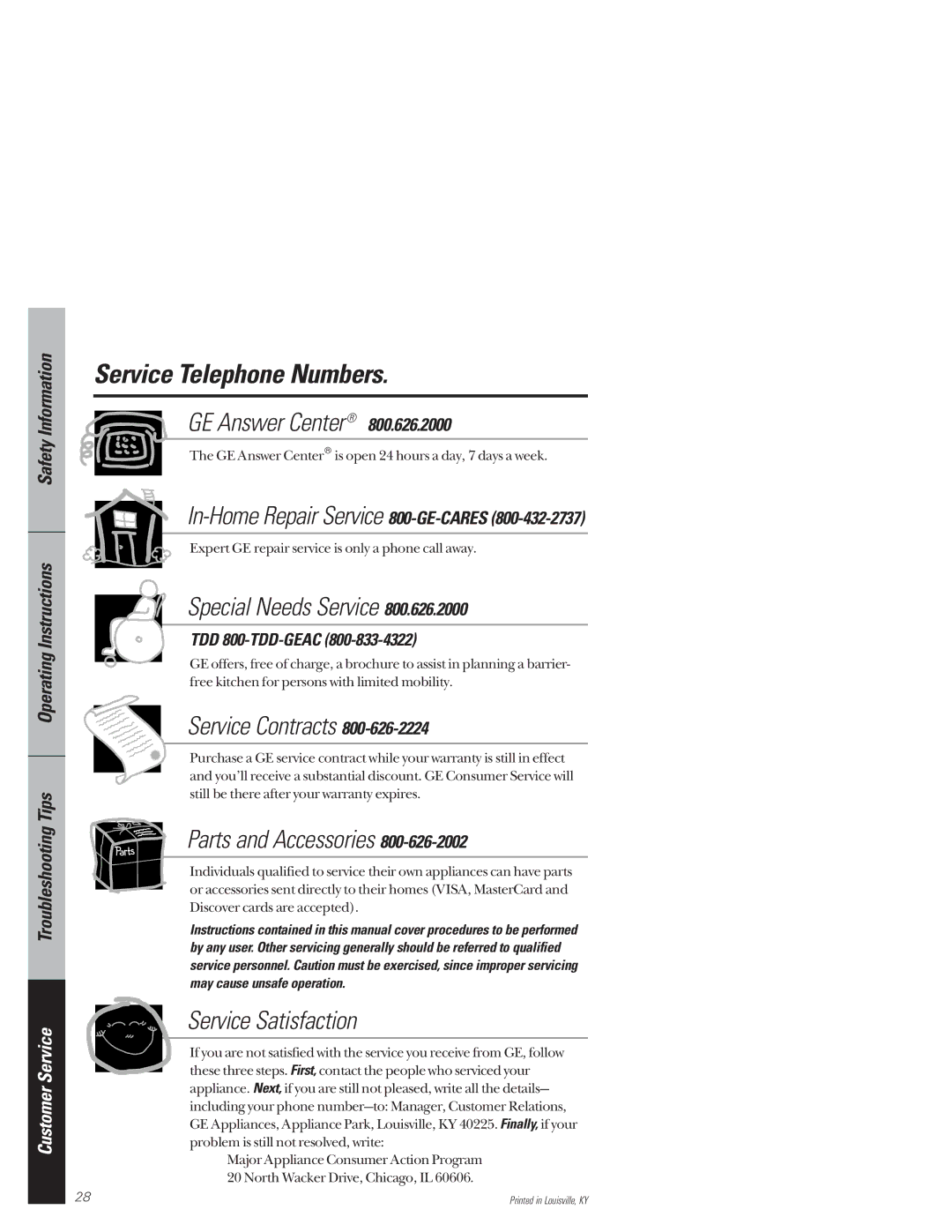 GE GSD2020, GSD3220, GSD2230, GSD3210 Service Telephone Numbers, In-Home Repair Service 800-GE-CARES, TDD 800-TDD-GEAC 