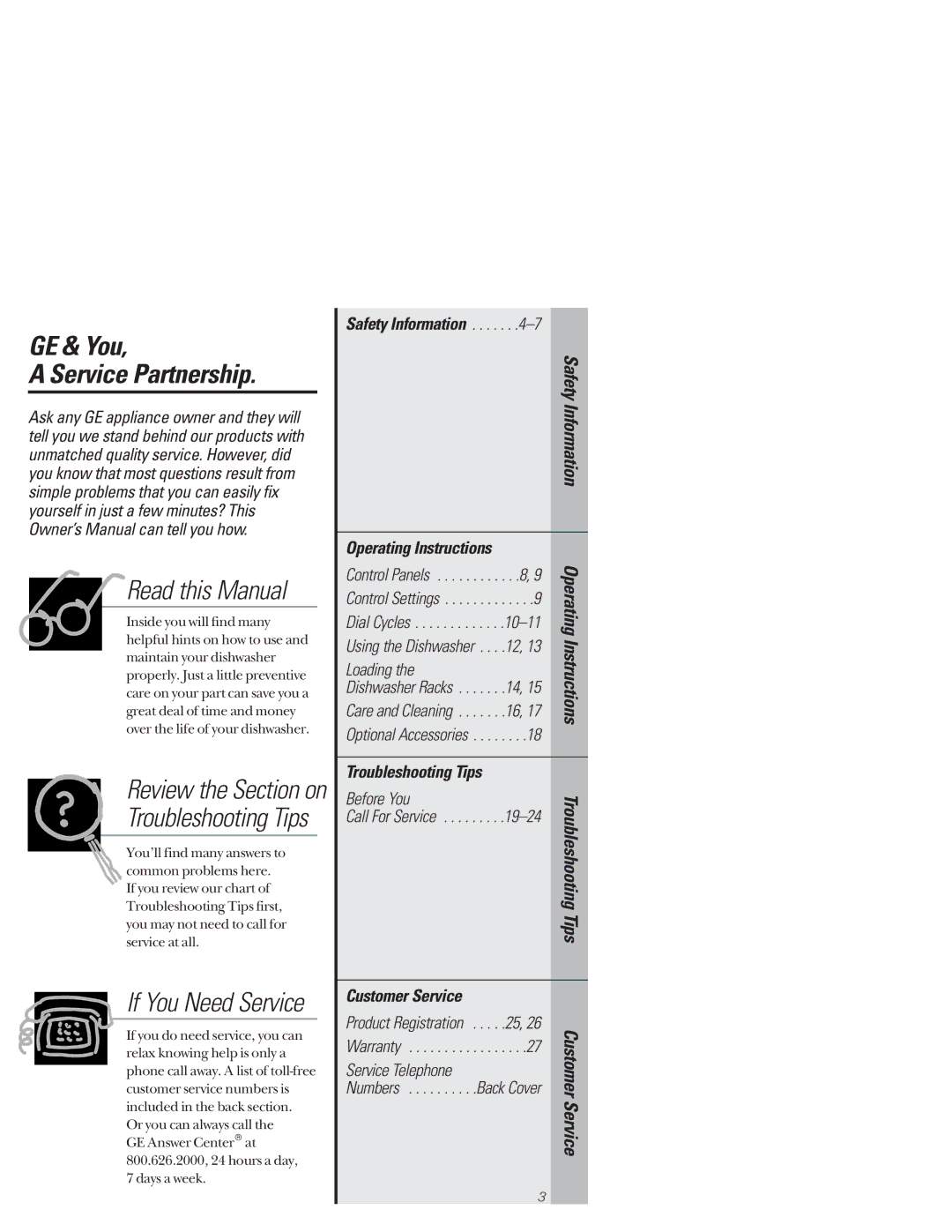 GE GSD3130 GE & You Service Partnership, Safety Information Operating Instructions, Troubleshooting Tips, Customer Service 