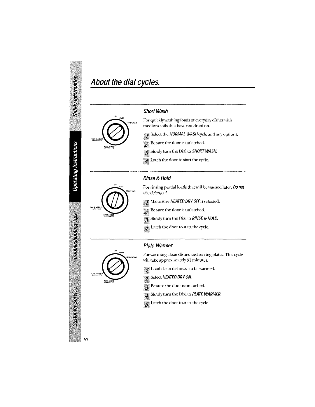 GE GSD2230, GSD3220, GSD3210, GSD3230, GSD2020, GSD2030, GSD2200, GSD2220, GSD2000 manual About the dial cycles, Short Wash 