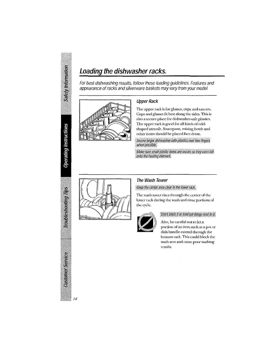 GE GSD2030, GSD3220, GSD2230, GSD3210, GSD3230, GSD2020, GSD2200, GSD2220, GSD2000 manual Loading the dishwasher racks, Upper Rack 