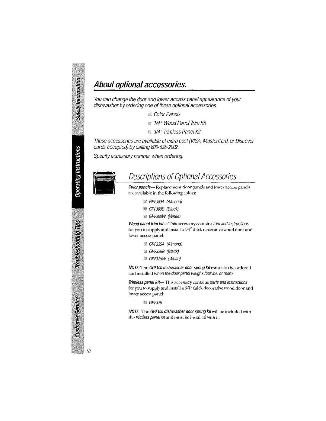 GE GSD3220, GSD2230, GSD3210, GSD3230, GSD2020, GSD2030 manual About optional accessories, Descriptions of Optional Accessories 