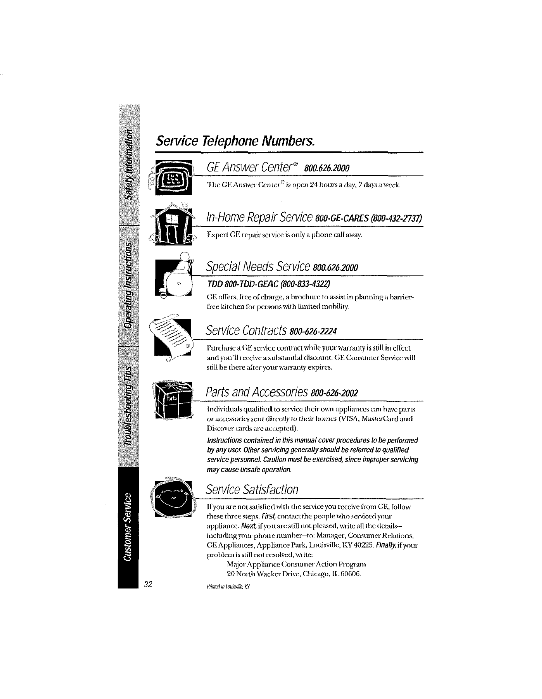 GE GSD2220, GSD3220, GSD2230, GSD3210, GSD3230, GSD2020, GSD2030, GSD2200, GSD2000 Service Telephone Numbers, GE Answer CenteF~ 