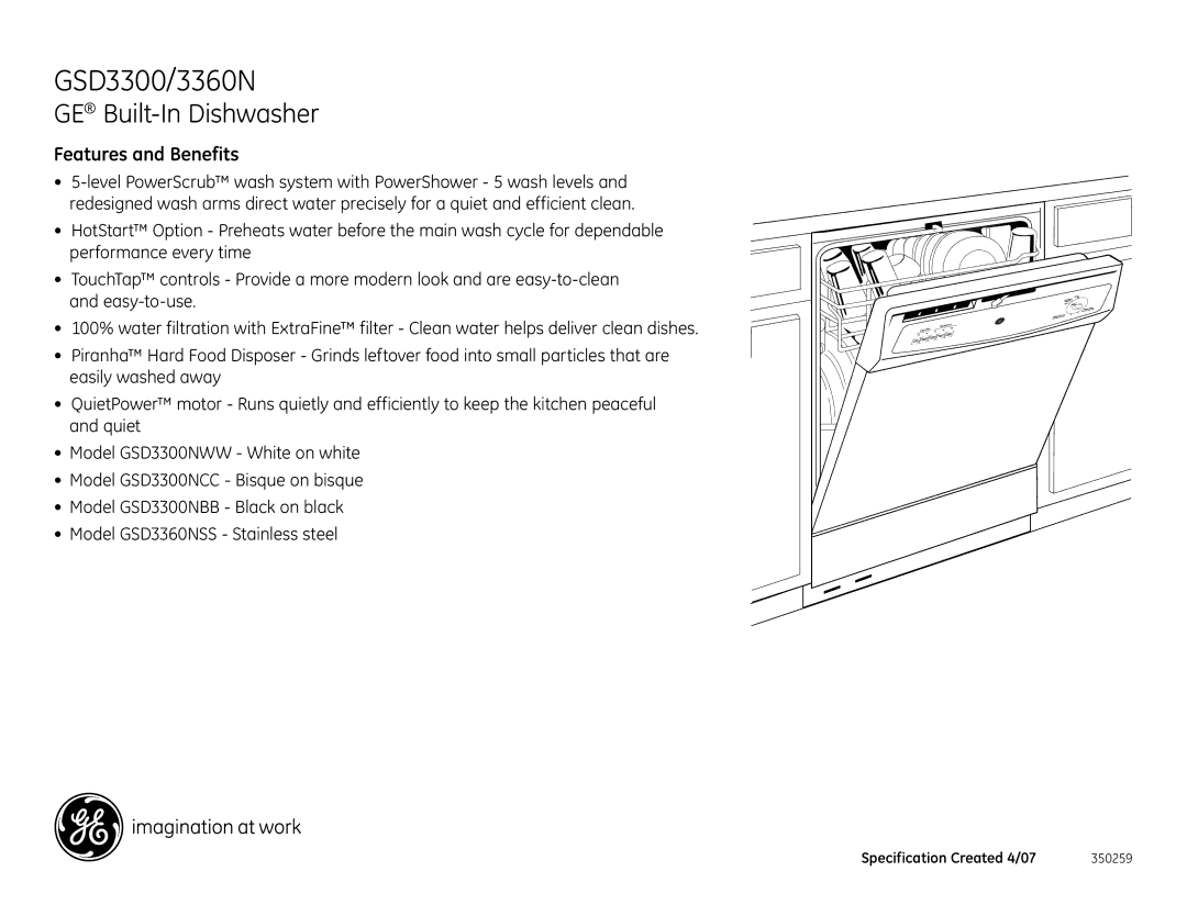 GE GSD3300NCC, GSD3360NSS, GSD3300NBB, GSD3300NWW dimensions Features and Benefits 