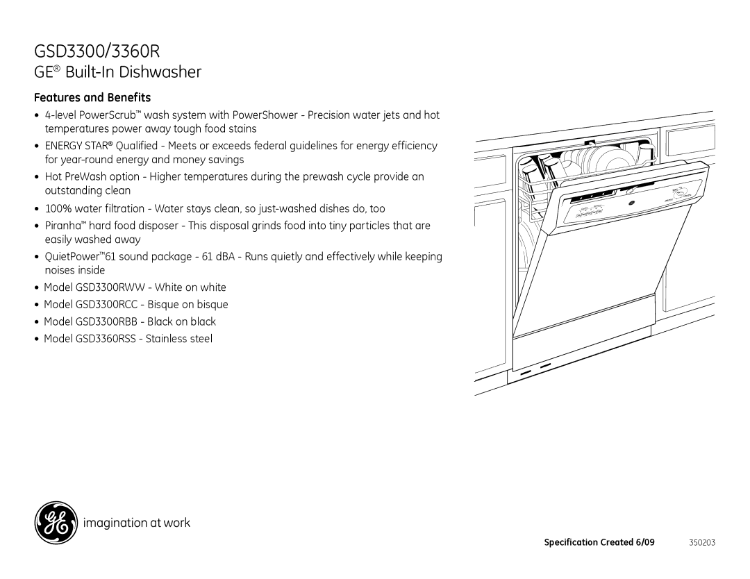 GE GSD3300RCC, GSD3360RSS, GSD3300RWW, GSD3300RBB dimensions Features and Benefits 