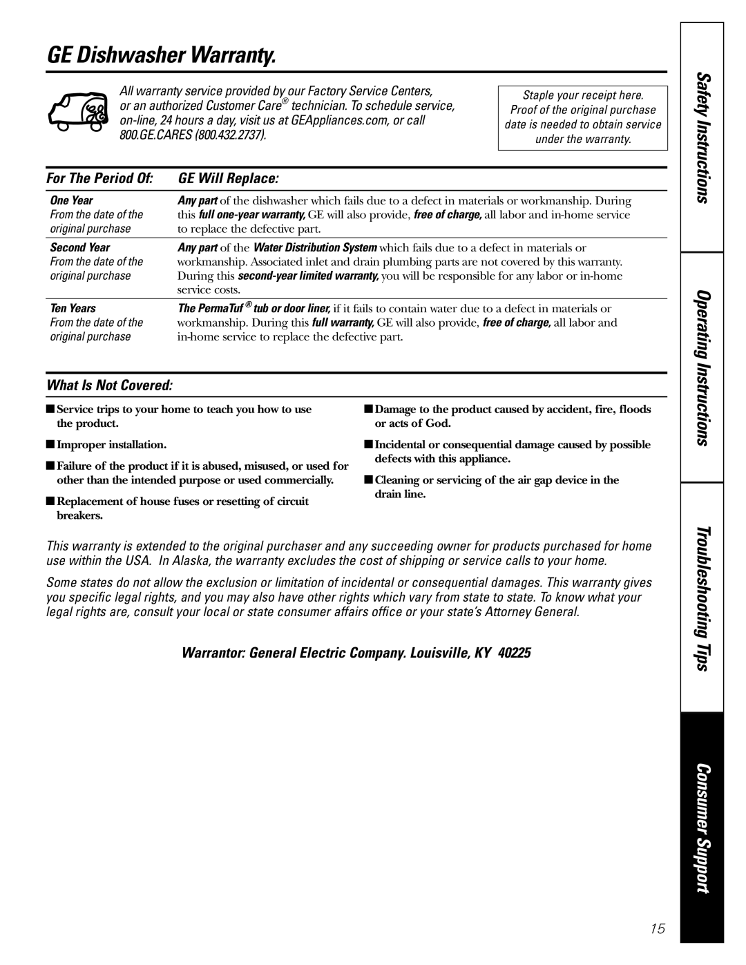 GE GSD3660, GSD3500, GSD3735, GSD3400, GSD3900, GSD3600, GSD3800 GE Dishwasher Warranty, One Year, Second Year, Ten Years 