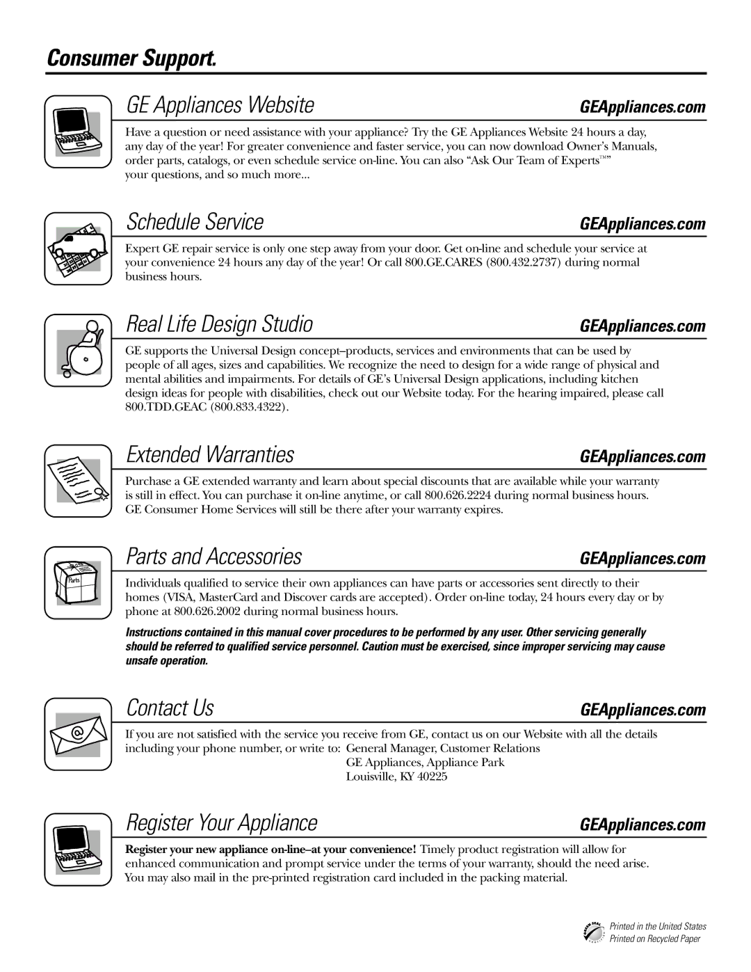 GE GSD3735, GSD3500 Consumer Support GE Appliances Website, Schedule Service, Real Life Design Studio, Extended Warranties 