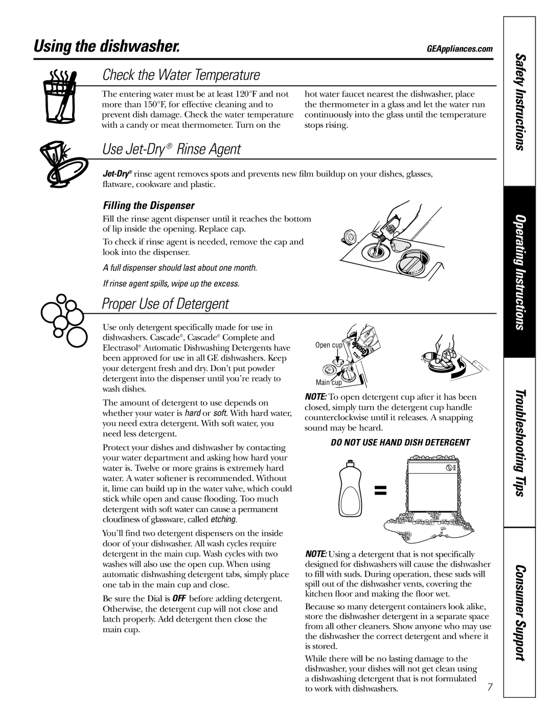 GE GSD3500, GSD3660, GSD3735, GSD3400, GSD3900, GSD3600 Using the dishwasher, Use Jet-Dry Rinse Agent, Proper Use of Detergent 