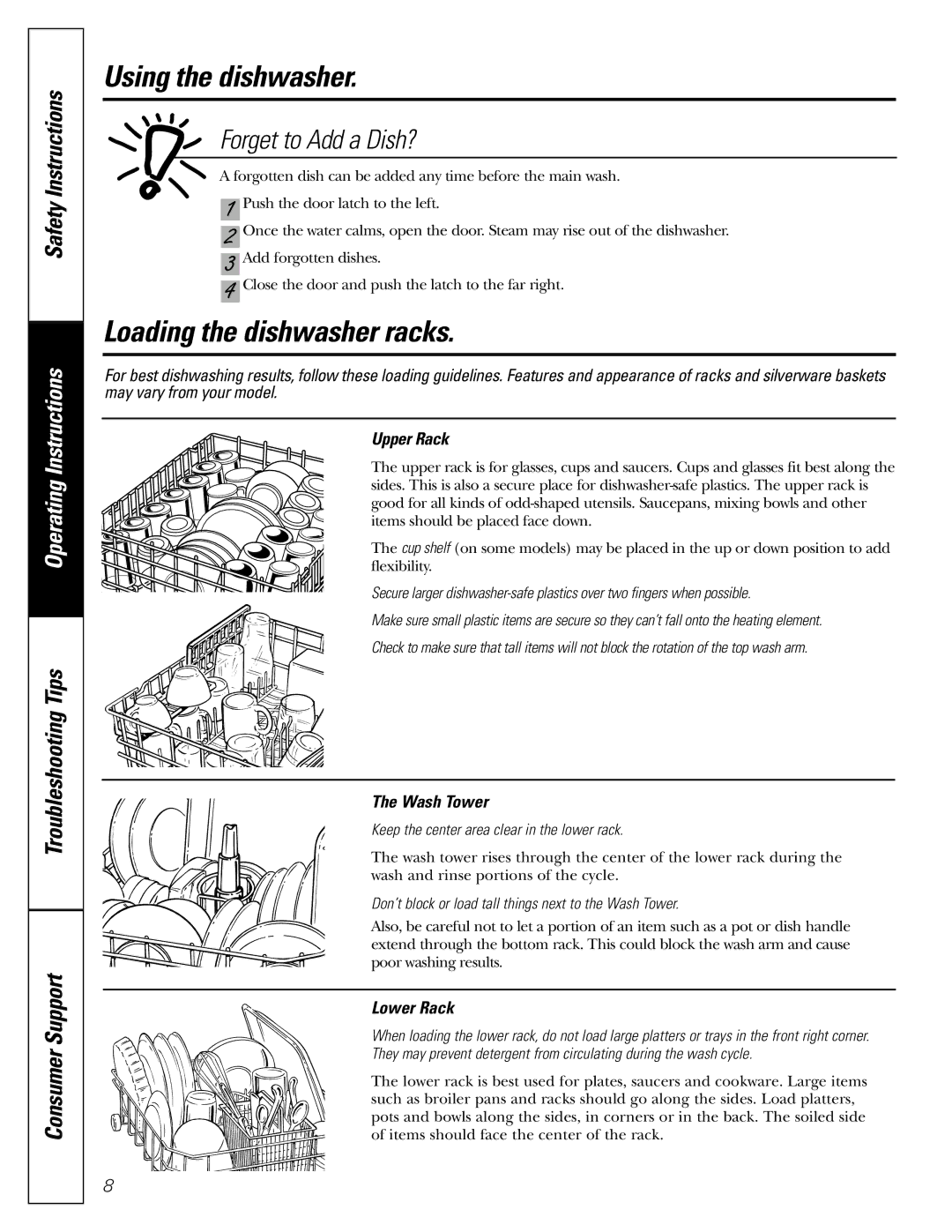 GE GSD3660, GSD3500, GSD3735 Loading the dishwasher racks, Forget to Add a Dish?, Upper Rack, Wash Tower, Lower Rack 