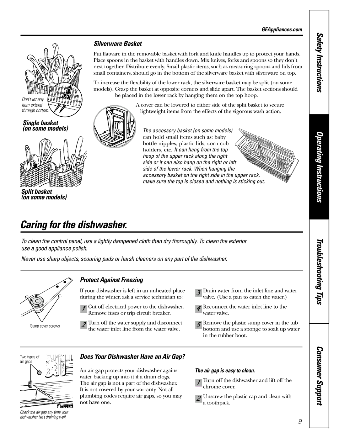 GE GSD3735, GSD3500, GSD3660, GSD3400 Caring for the dishwasher, Single basket on some models, Air gap is easy to clean 