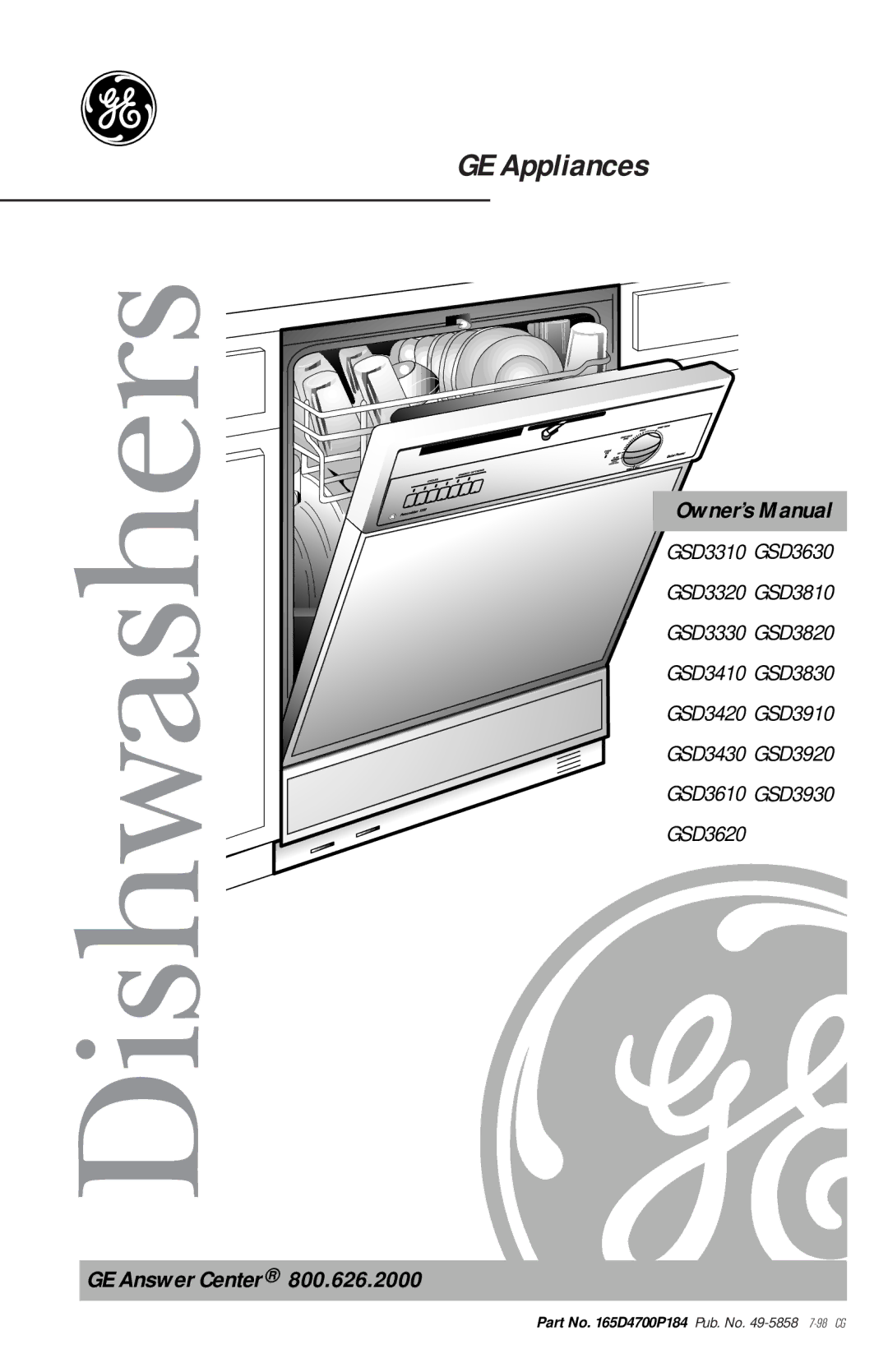 GE GSD3830, GSD3920, GSD3410, GSD3610, GSD3810, GSD3820, GSD3430, GSD3930, GSD3910 owner manual Dishwashers, GE Answer Center 