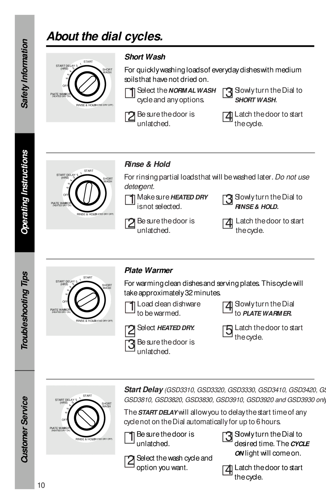 GE GSD3620, GSD3920, GSD3830, GSD3410 About the dial cycles, Short Wash, Rinse & Hold, Plate Warmer, Select Heated DRY 