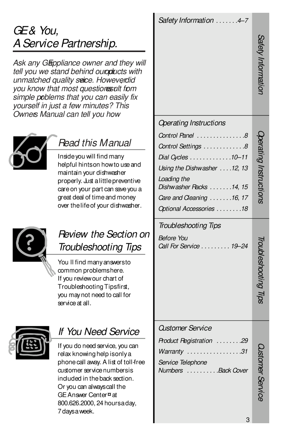 GE GSD3610, GSD3920 GE & You Service Partnership, Review the Section on, Operating Instructions, Troubleshooting Tips 