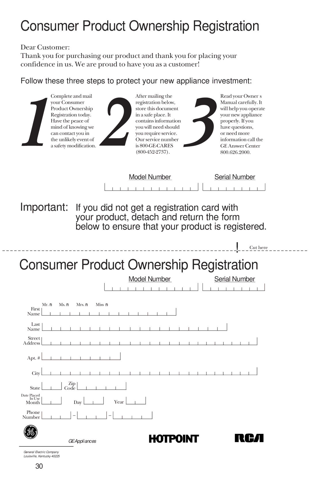 GE GSD3920, GSD3830, GSD3410, GSD3610, GSD3810, GSD3820, GSD3430, GSD3930, GSD3910 Consumer Product Ownership Registration 