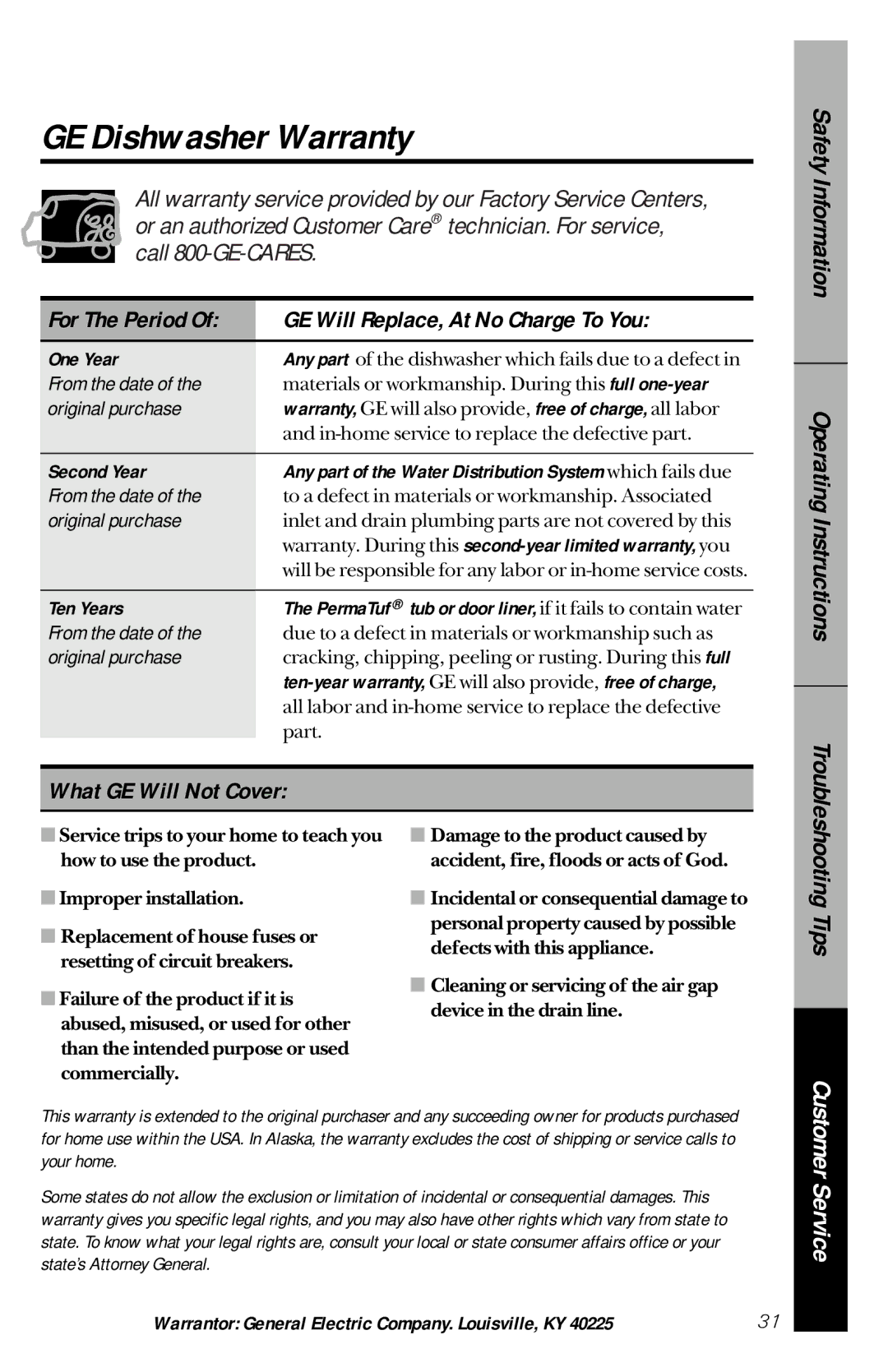 GE GSD3830, GSD3920, GSD3410, GSD3610 GE Dishwasher Warranty, GE Will Replace, At No Charge To You, What GE Will Not Cover 